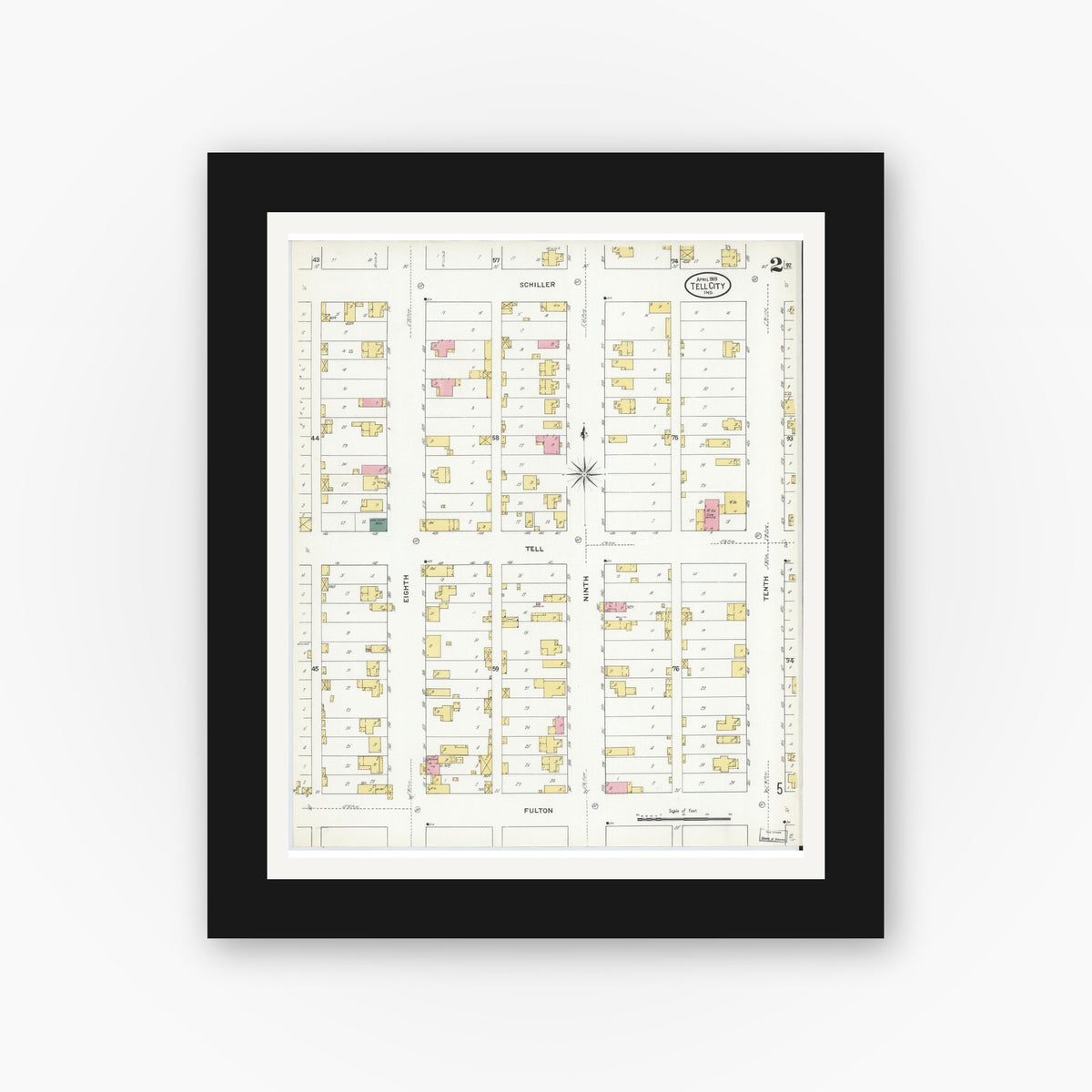 Old map wall art mockup — black gallery frame with white mat — Sanborn Fire Insurance Map from Tell City, Perry County, Indiana (1909), Sheet #0002