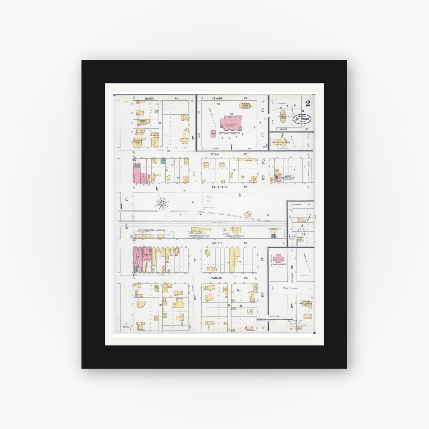 Old map wall art mockup — black gallery frame with white mat — Sanborn Fire Insurance Map from Benson, Swift County, Minnesota (1899), Sheet #0002