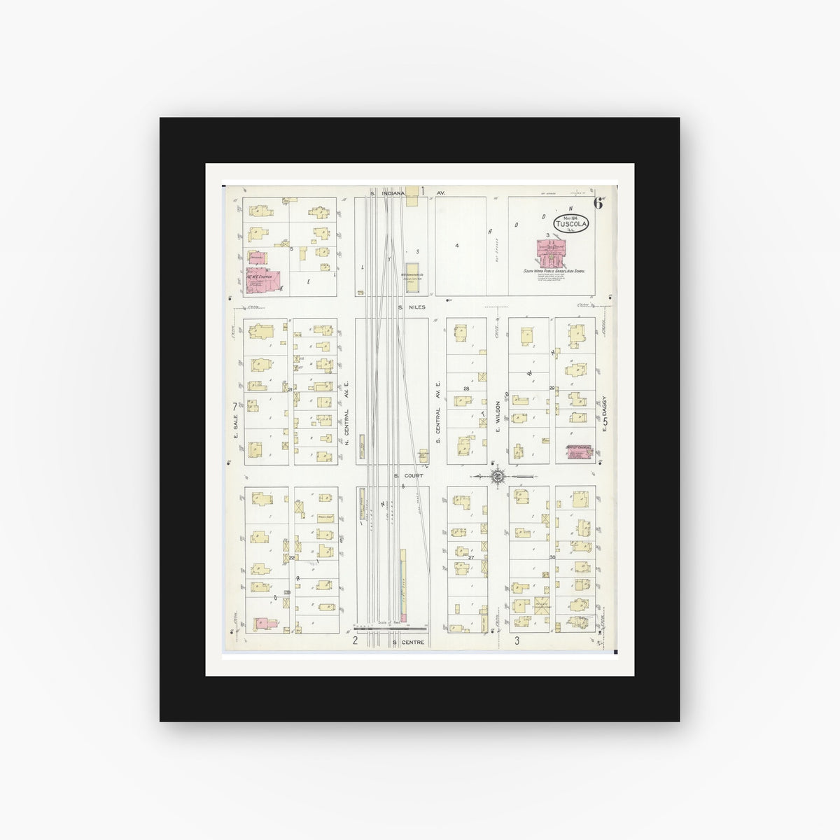 Old map wall art mockup — black gallery frame with white mat — Sanborn Fire Insurance Map from Tuscola, Douglas County, Illinois (1914), Sheet #0006