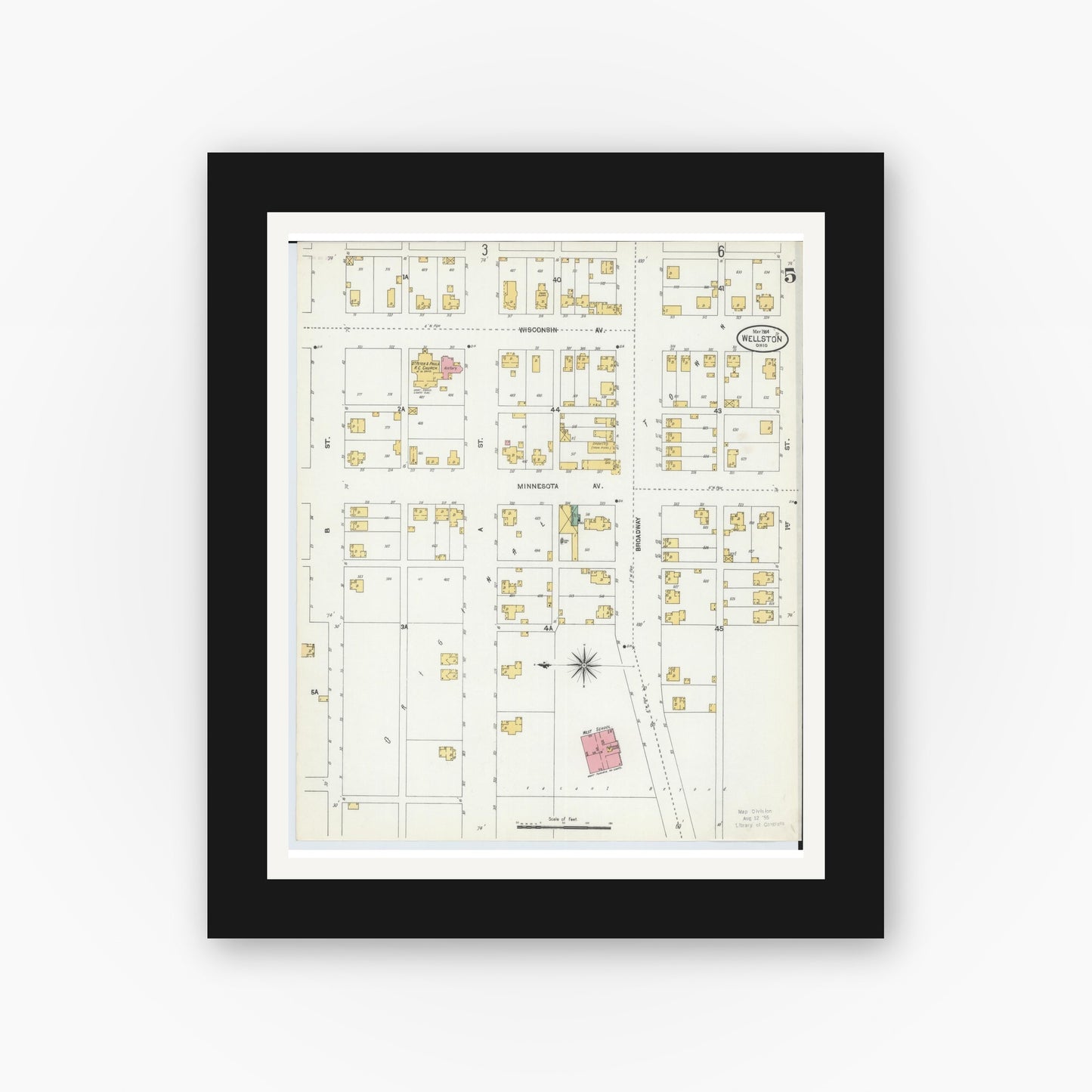 Old map wall art mockup — black gallery frame with white mat — Sanborn Fire Insurance Map from Wellston, Jackson County, Ohio (1904), Sheet #0005