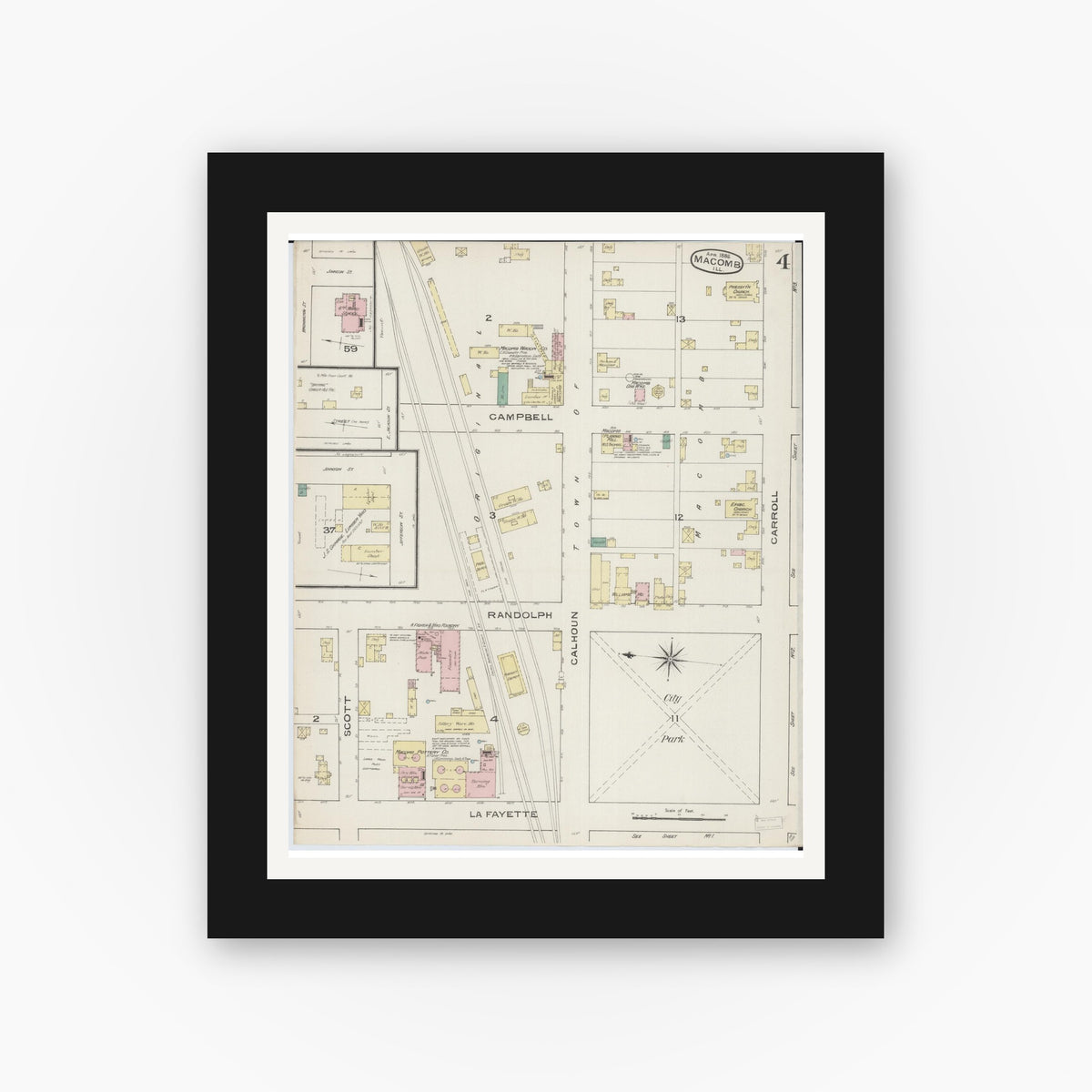 Old map wall art mockup — black gallery frame with white mat — Sanborn Fire Insurance Map from Macomb, Mcdonough County, Illinois (1886), Sheet #0004