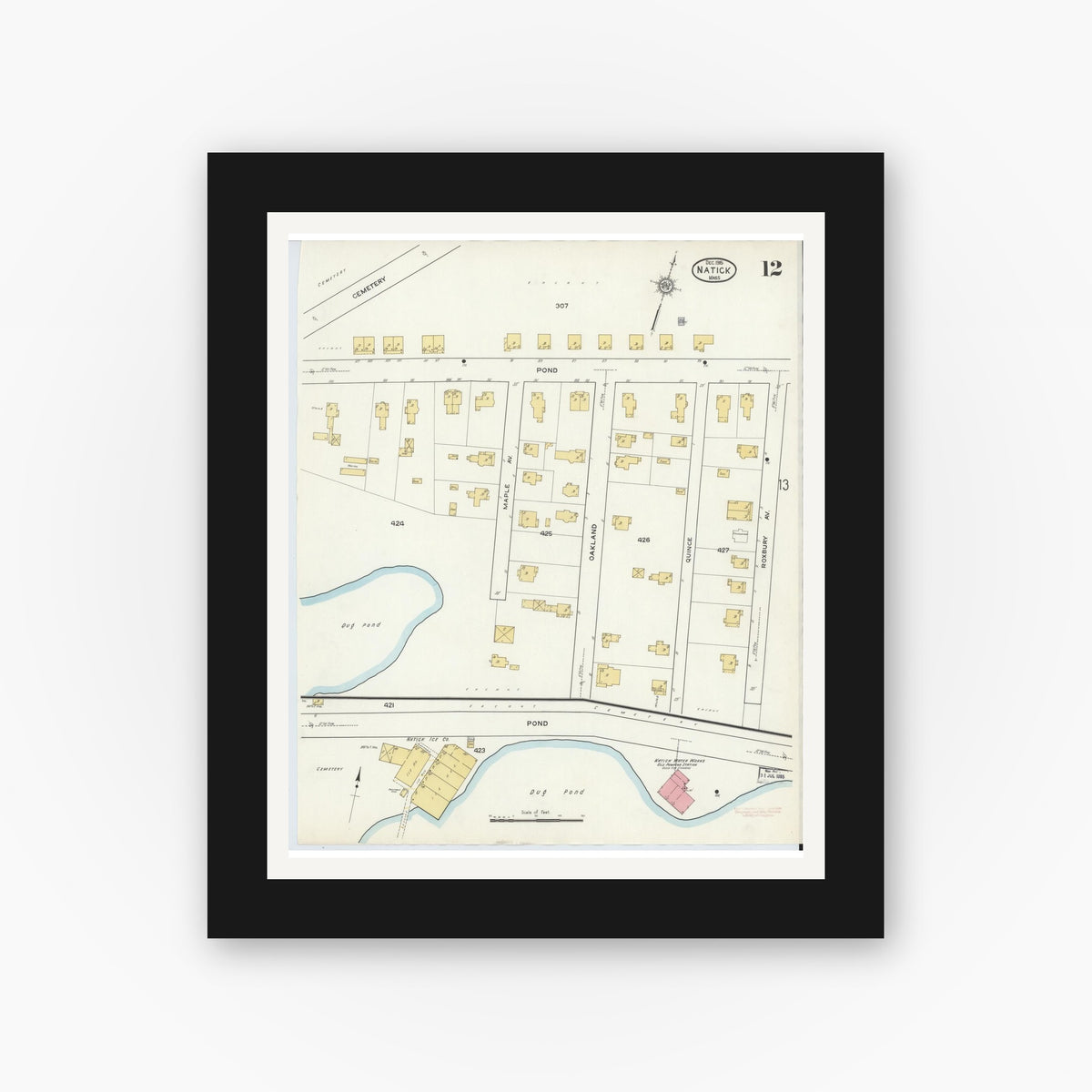 Old map wall art mockup — black gallery frame with white mat — Sanborn Fire Insurance Map from Natick, Middlesex County, Massachusetts (1915), Sheet #0012