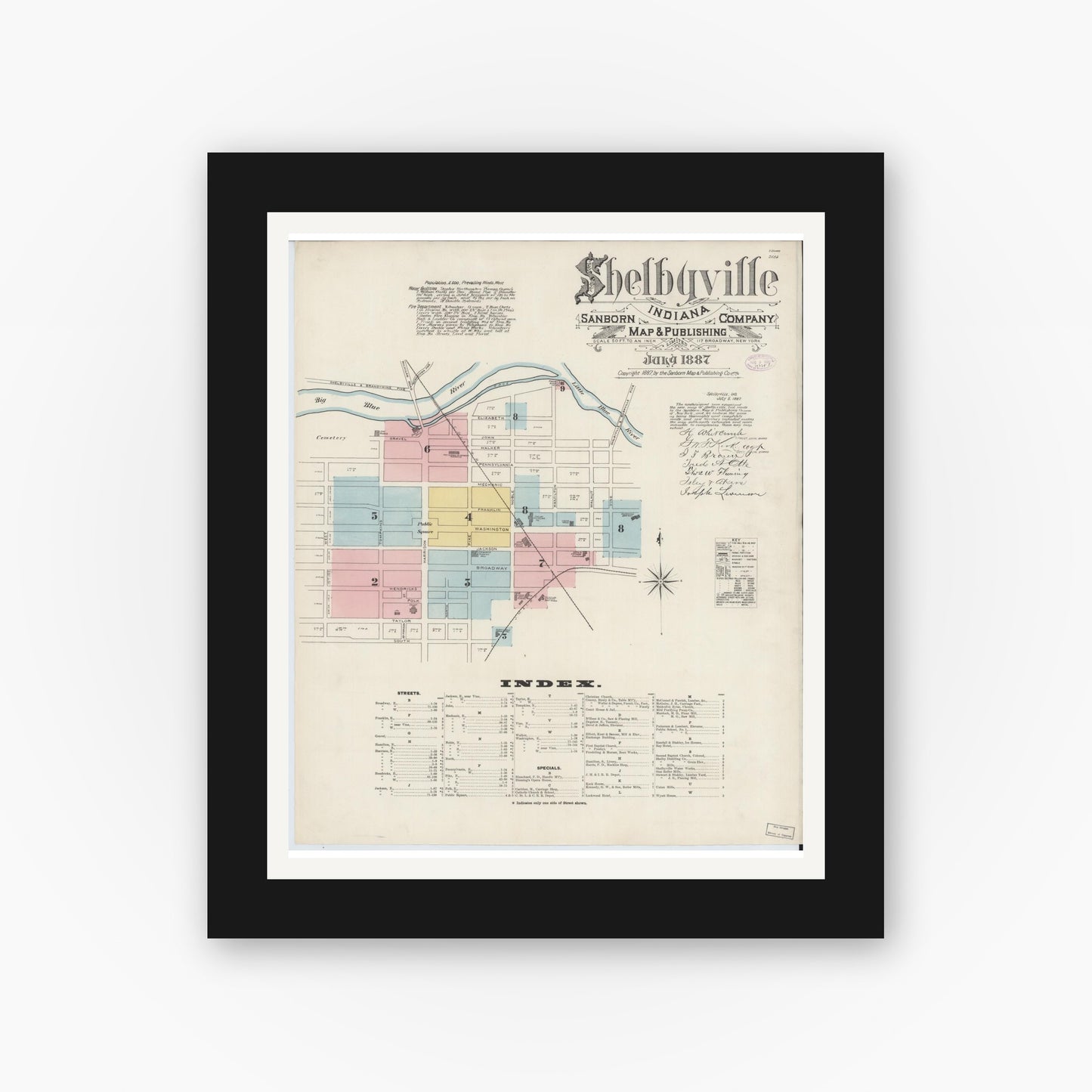 Old map wall art mockup — black gallery frame with white mat — Sanborn Fire Insurance Map from Shelbyville, Shelby County, Indiana (1887) - Complete Map Set