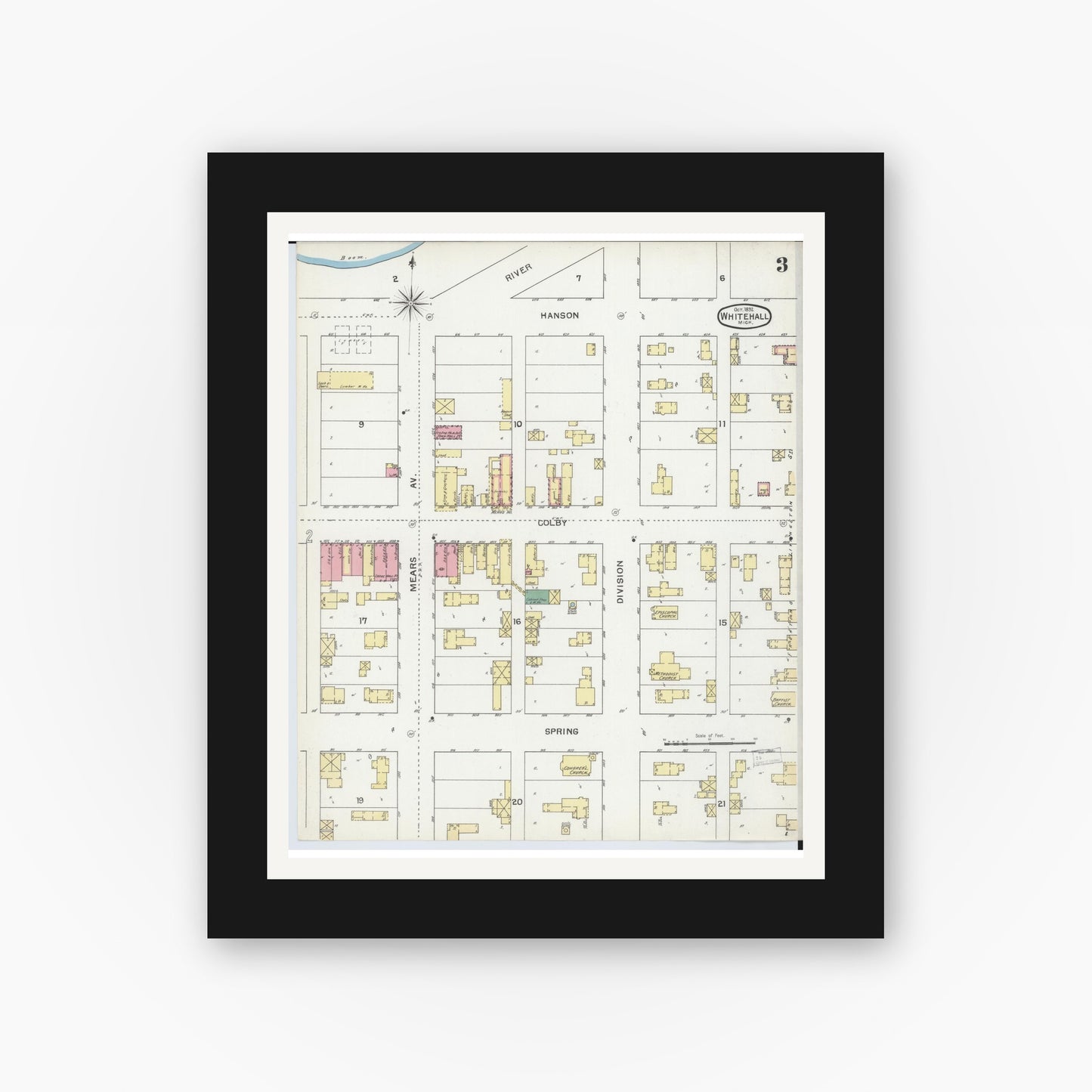 Old map wall art mockup — black gallery frame with white mat — Sanborn Fire Insurance Map from Whitehall, Muskegon County, Michigan (1892), Sheet #0003