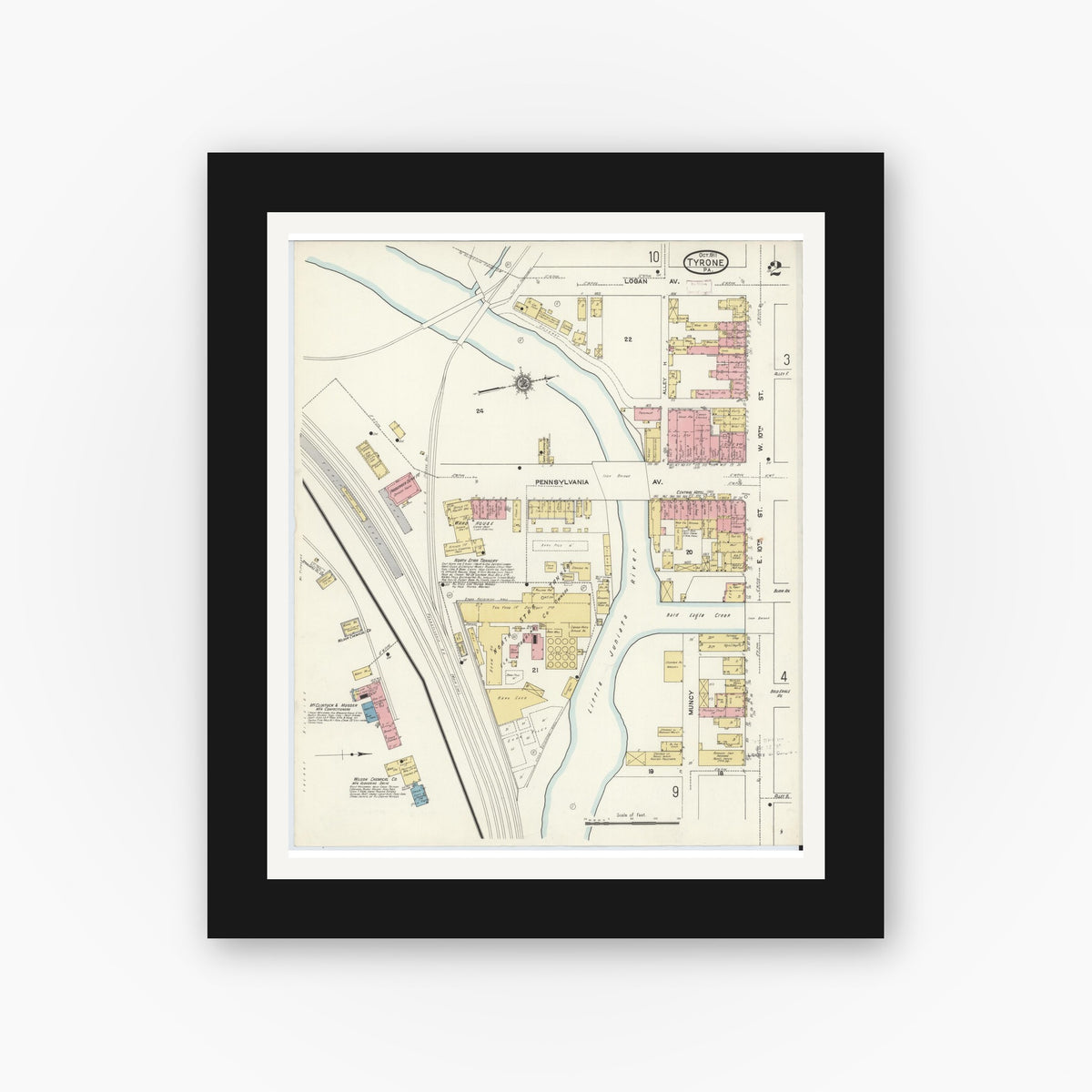 Old map wall art mockup — black gallery frame with white mat — Sanborn Fire Insurance Map from Tyrone, Blair County, Pennsylvania (1911), Sheet #0002