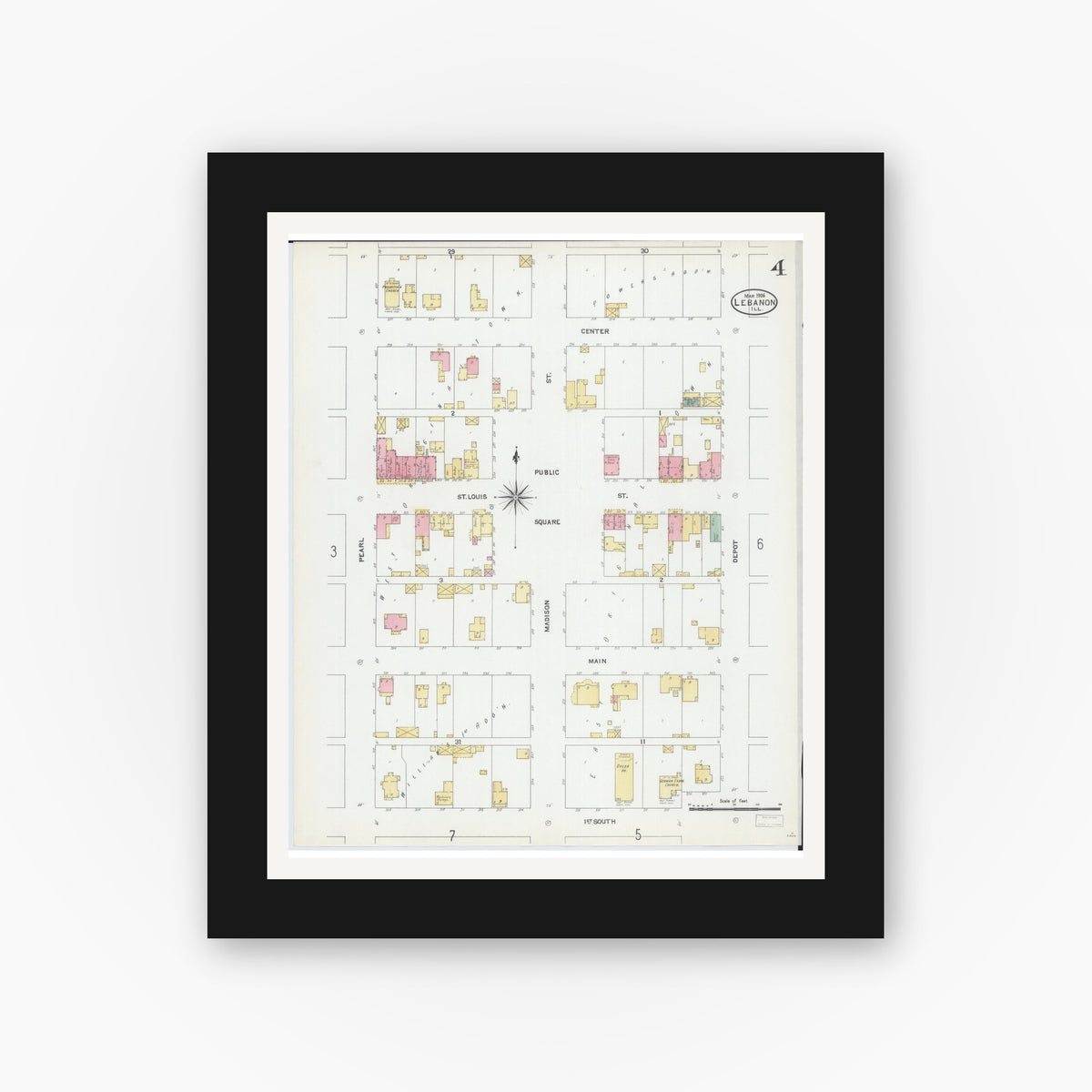 Old map wall art mockup — black gallery frame with white mat — Sanborn Fire Insurance Map from Lebanon, Saint Clair County, Illinois (1906), Sheet #0004