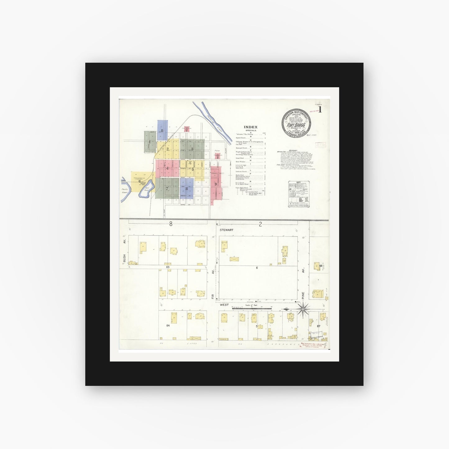 Old map wall art mockup — black gallery frame with white mat — Sanborn Fire Insurance Map from Fort Bragg, Mendocino County, California (1909), Sheet #0001