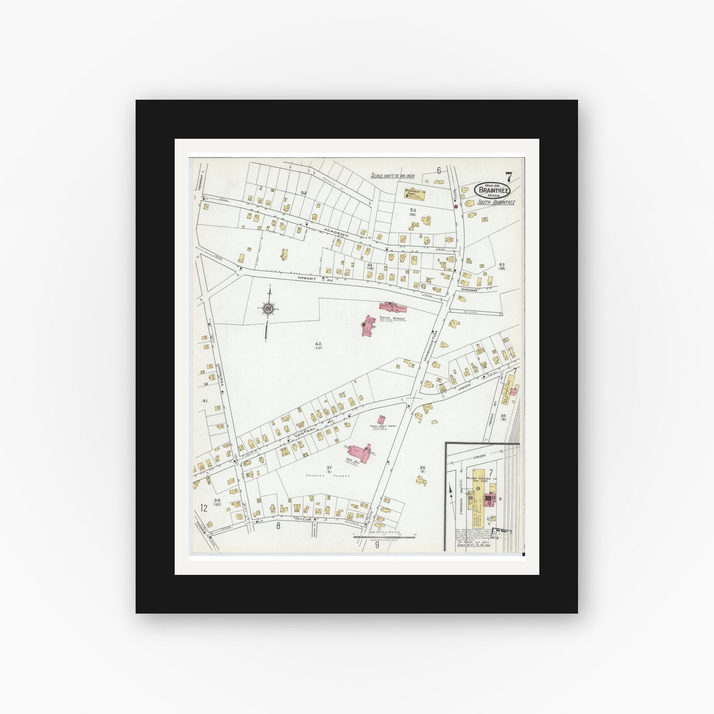 Old map wall art mockup — black gallery frame with white mat — Sanborn Fire Insurance Map from Braintree, Norfolk County, Massachusetts (1919), Sheet #0007