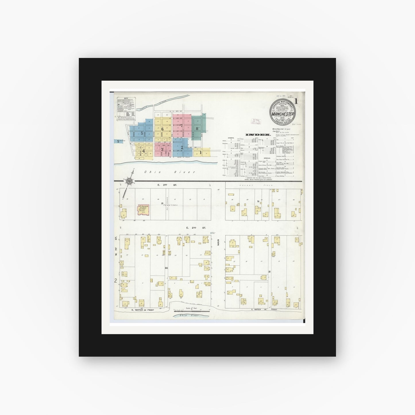 Old map wall art mockup β black gallery frame with white mat β Sanborn Fire Insurance Map from Manchester, Adams County, Ohio (1912) - Complete Map Set