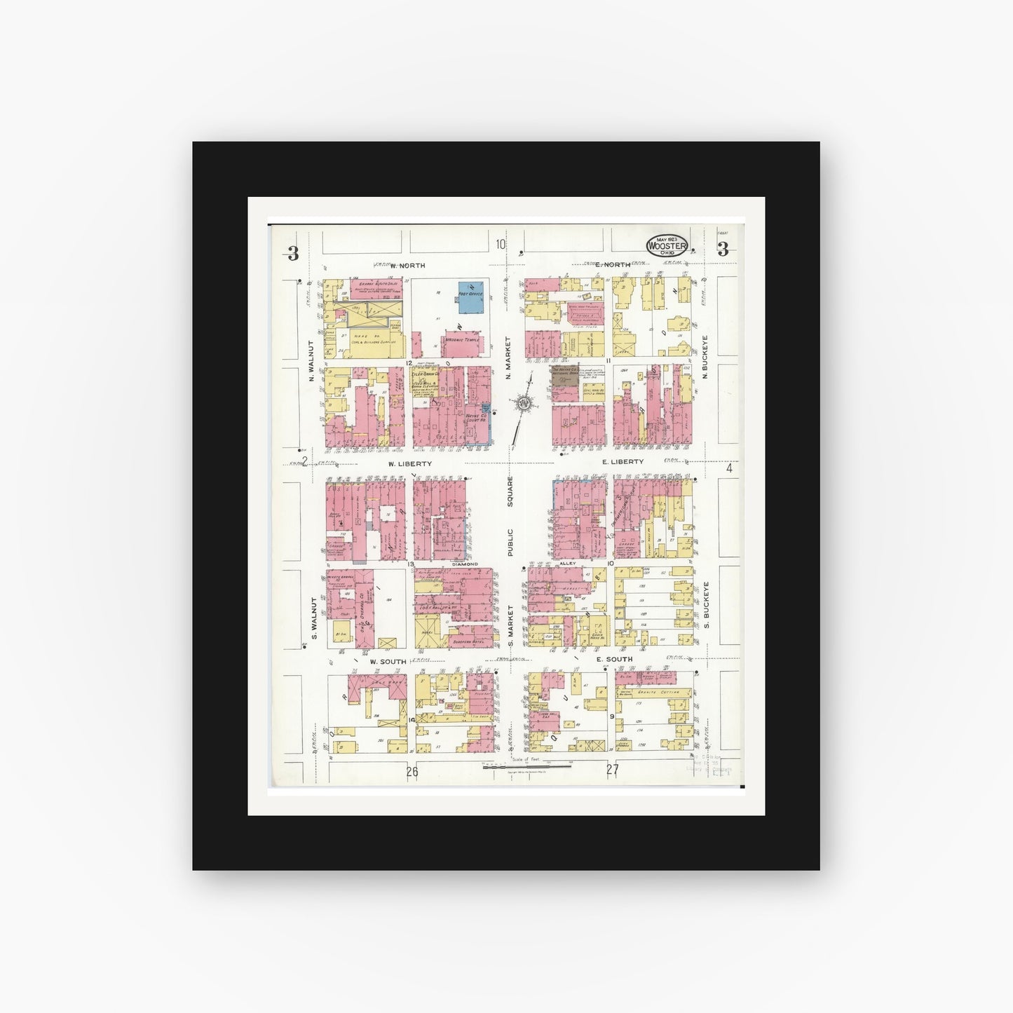 Old map wall art mockup — black gallery frame with white mat — Sanborn Fire Insurance Map from Wooster, Wayne County, Ohio (1923), Sheet #0003