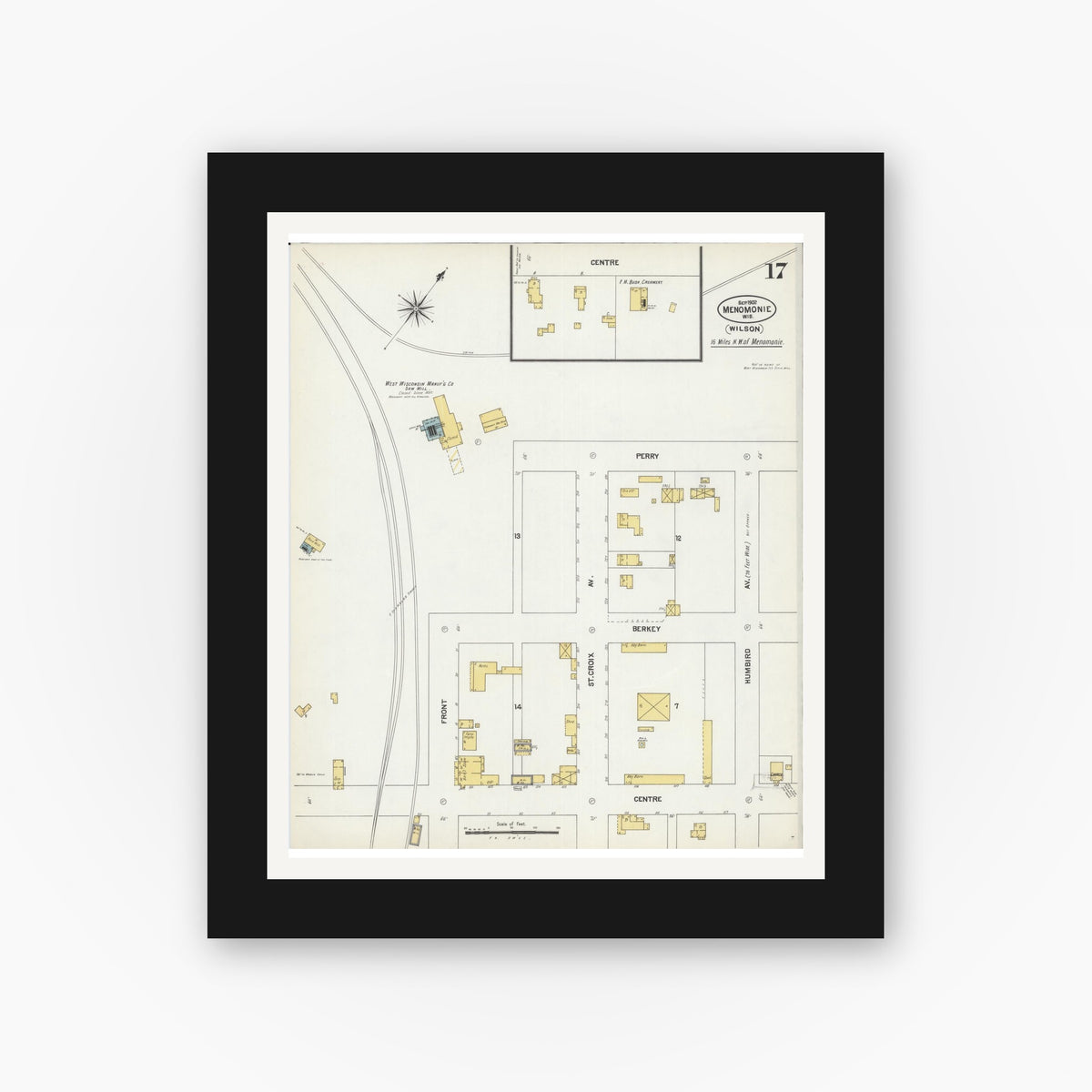Old map wall art mockup — black gallery frame with white mat — Sanborn Fire Insurance Map from Menomonie, Dunn County, Wisconsin (1902), Sheet #0017