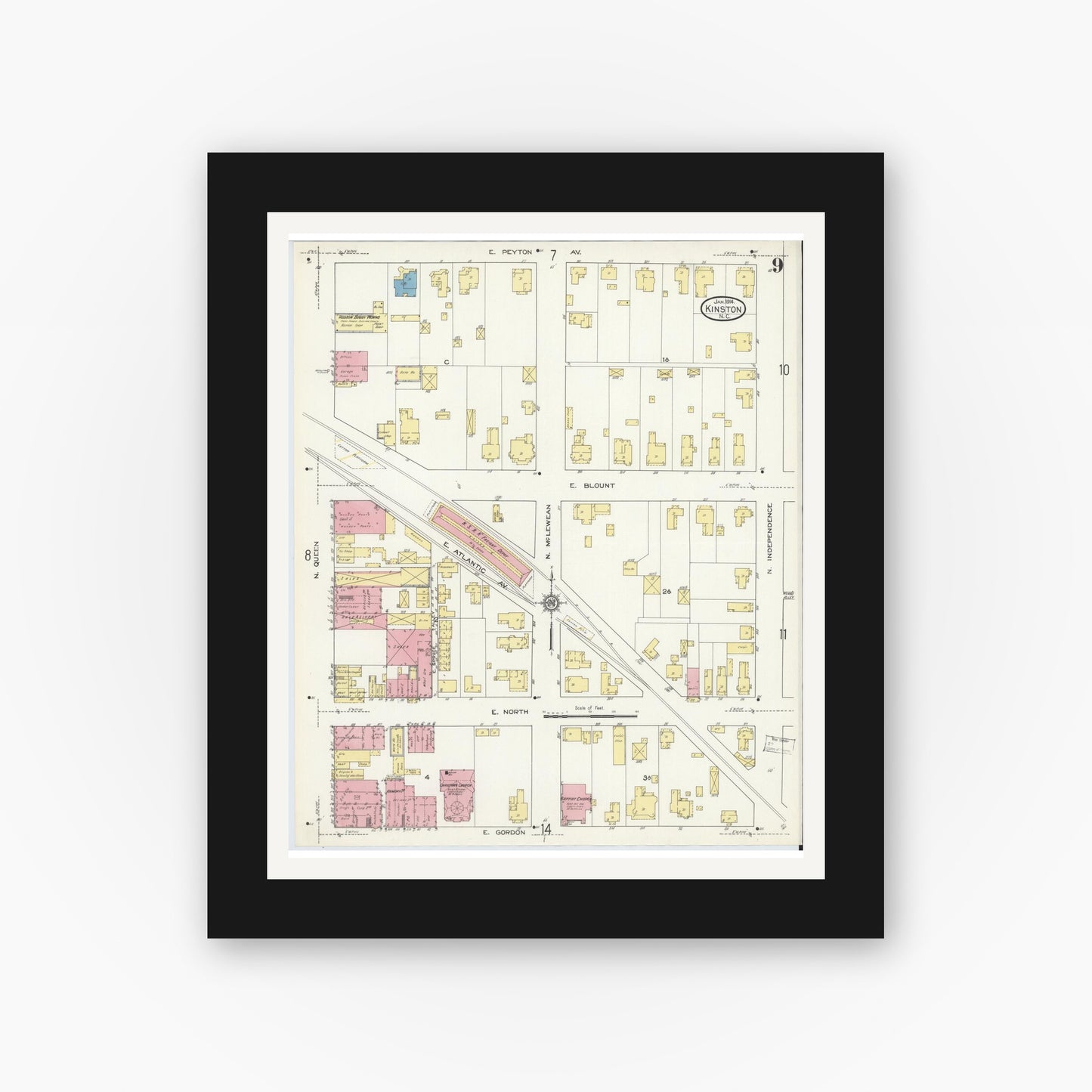 Old map wall art mockup — black gallery frame with white mat — Sanborn Fire Insurance Map from Kinston, Lenoir County, North Carolina (1914), Sheet #0009