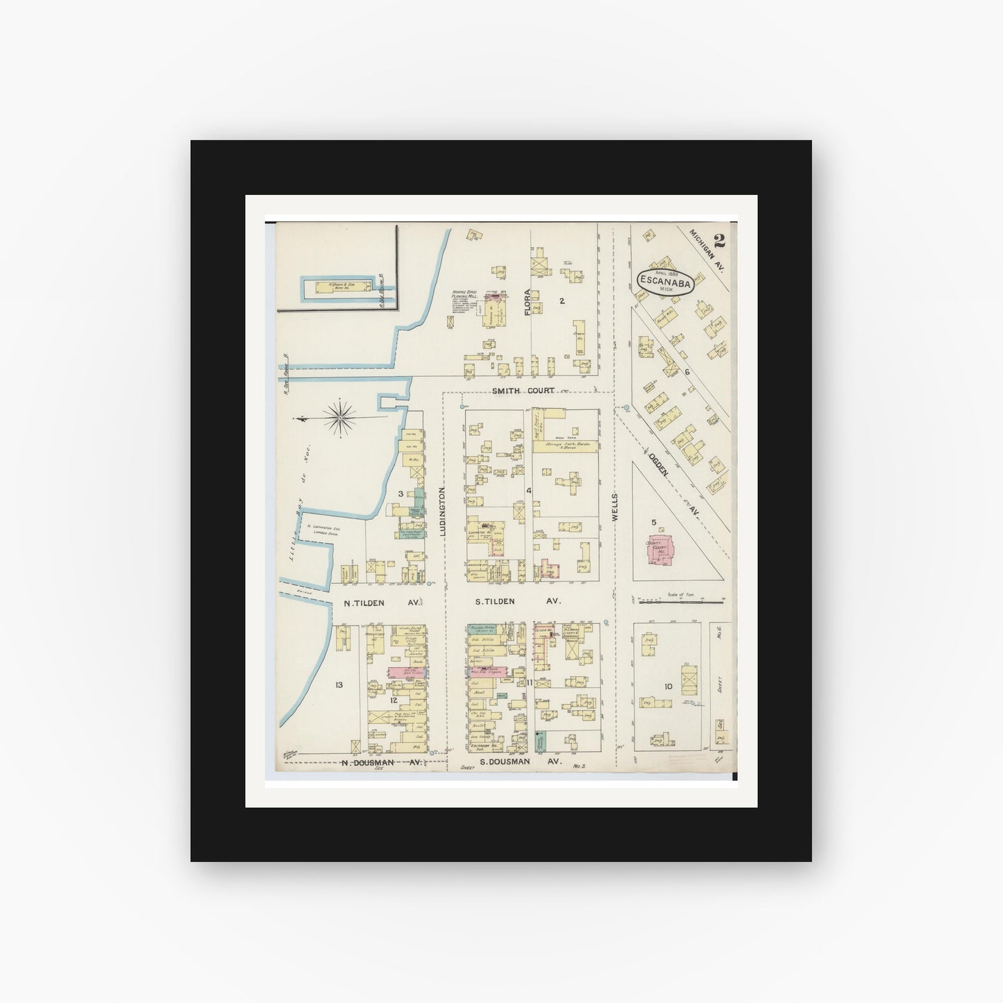 Old map wall art mockup — black gallery frame with white mat — Sanborn Fire Insurance Map from Escanaba, Delta County, Michigan (1888), Sheet #0002