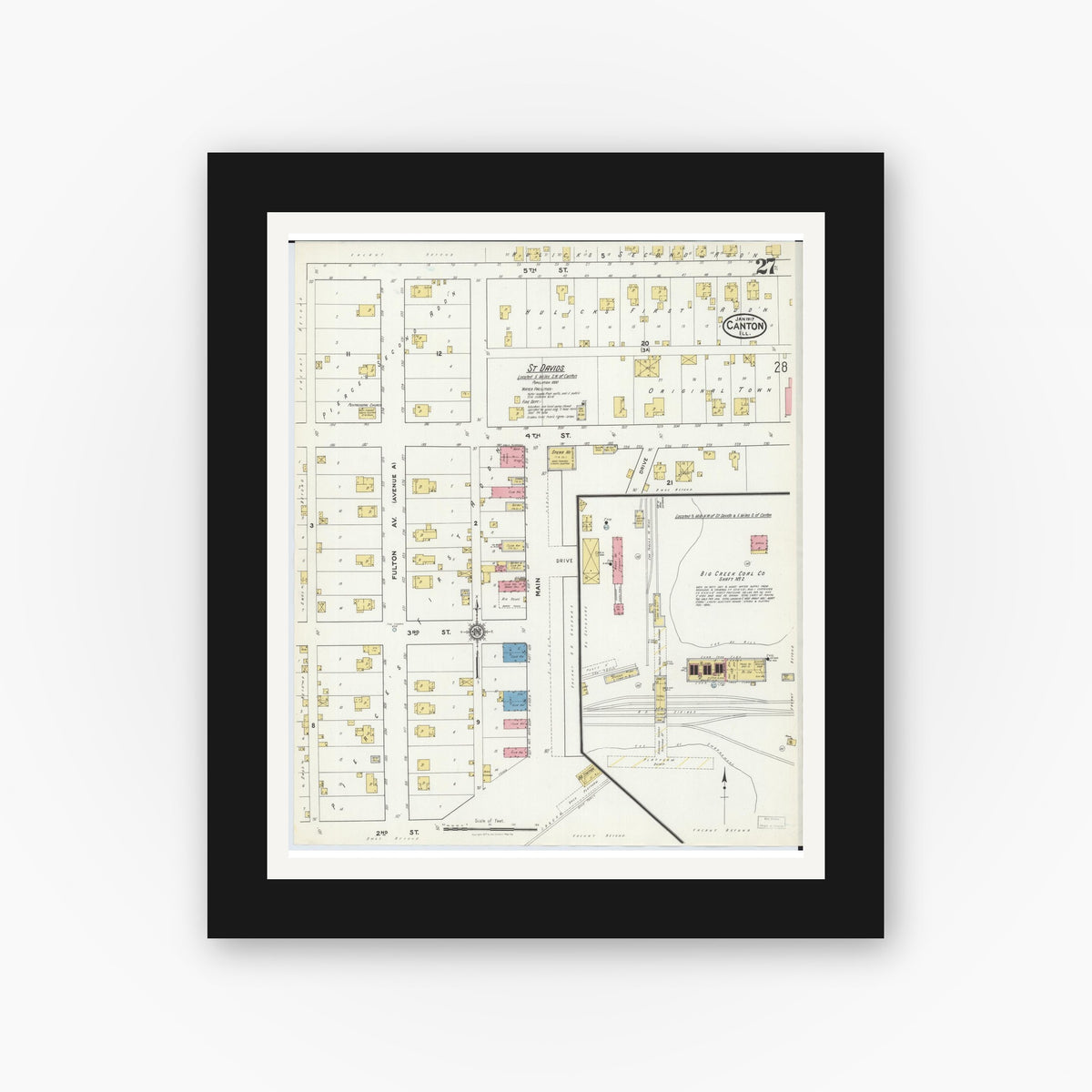 Old map wall art mockup — black gallery frame with white mat — Sanborn Fire Insurance Map from Canton, Fulton County, Illinois (1917), Sheet #0027