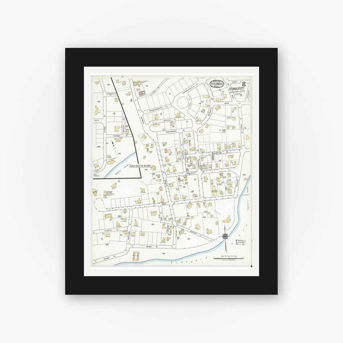 Old map wall art mockup — black gallery frame with white mat — Sanborn Fire Insurance Map from Hyannis, Barnstable County, Massachusetts (1919), Sheet #0008