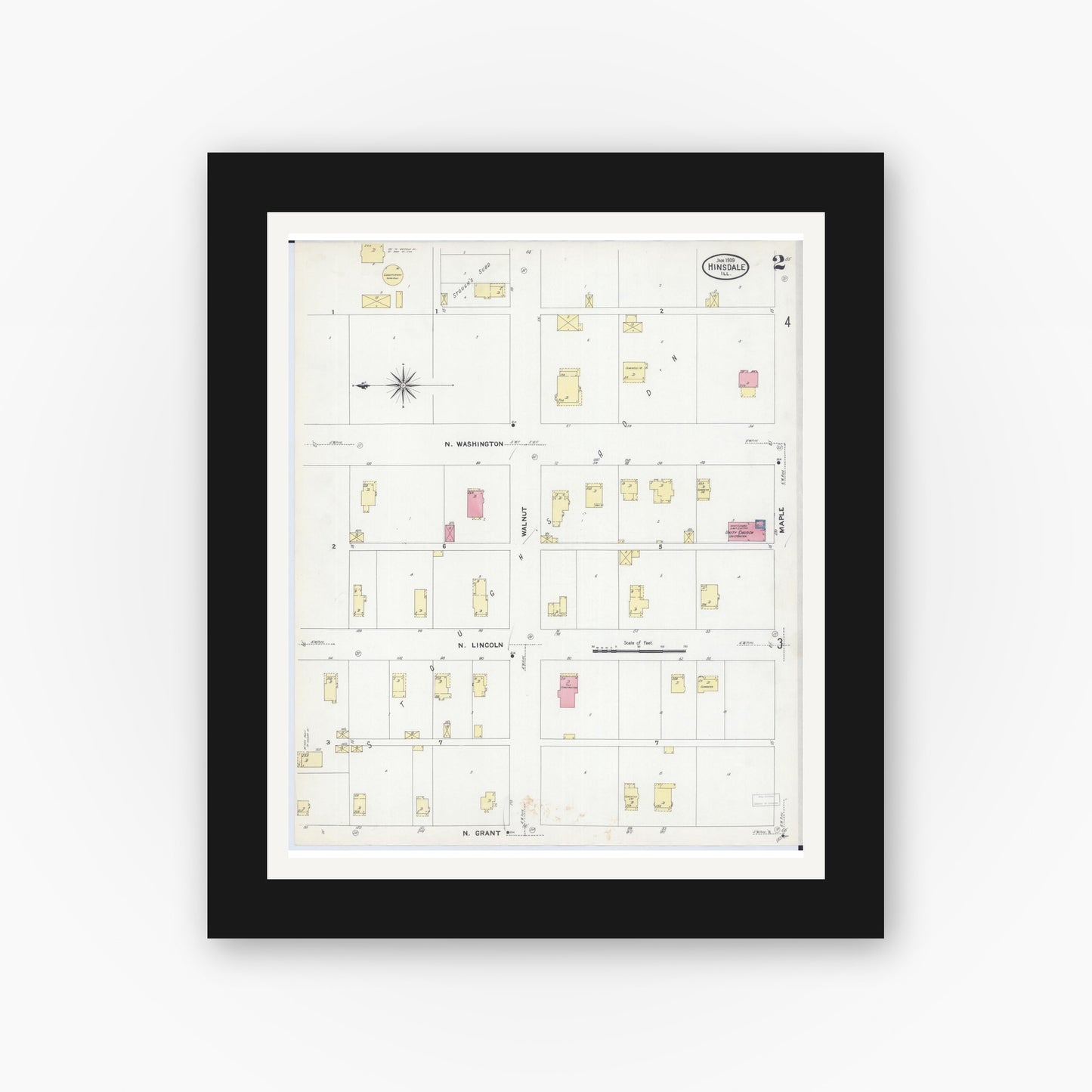 Old map wall art mockup — black gallery frame with white mat — Sanborn Fire Insurance Map from Hinsdale, Du Page And Cook Counties, Illinois (1909), Sheet #0002