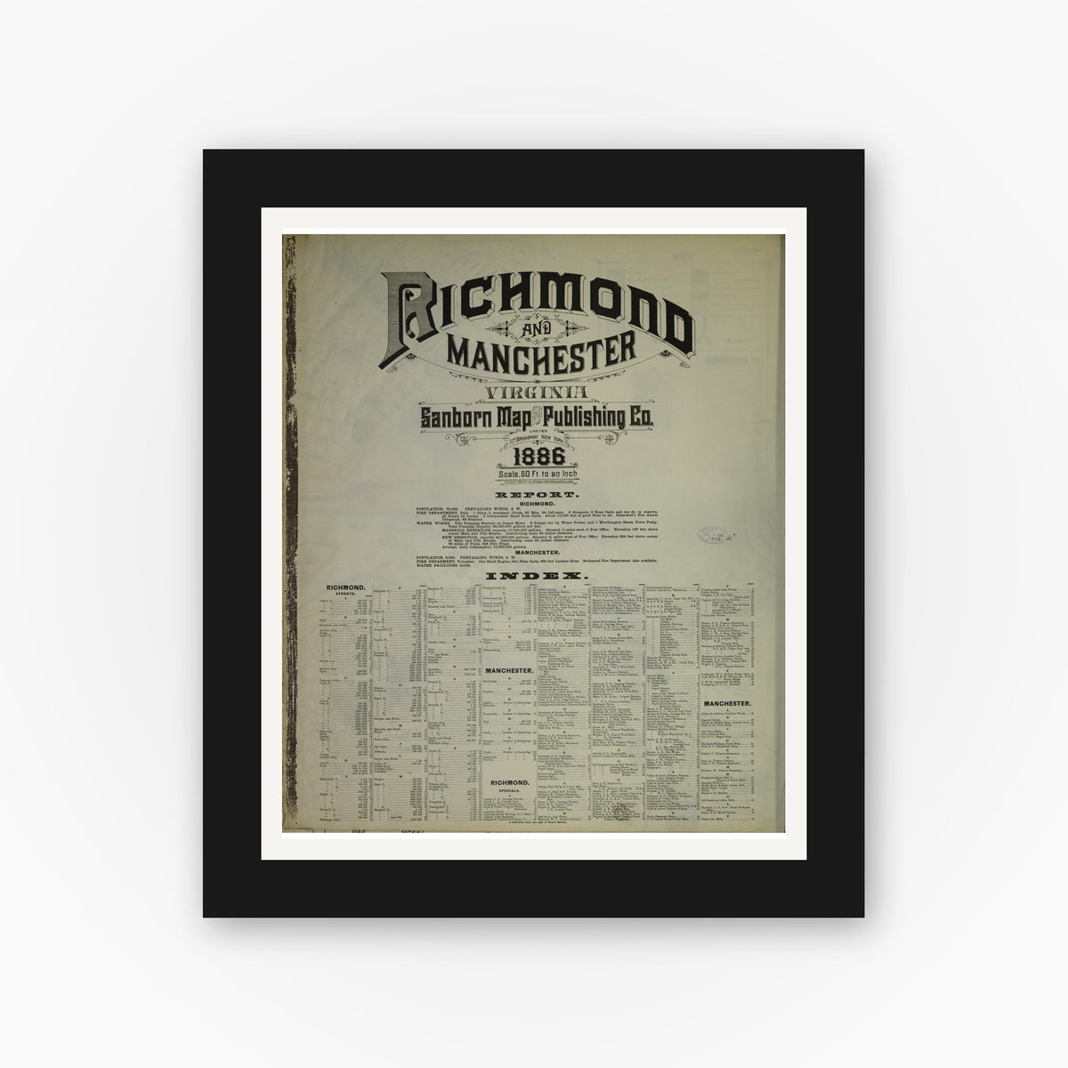 Old map wall art mockup — black gallery frame with white mat — Sanborn Fire Insurance Map from Richmond, Independent Cities, Virginia (1886), Sheet #0001