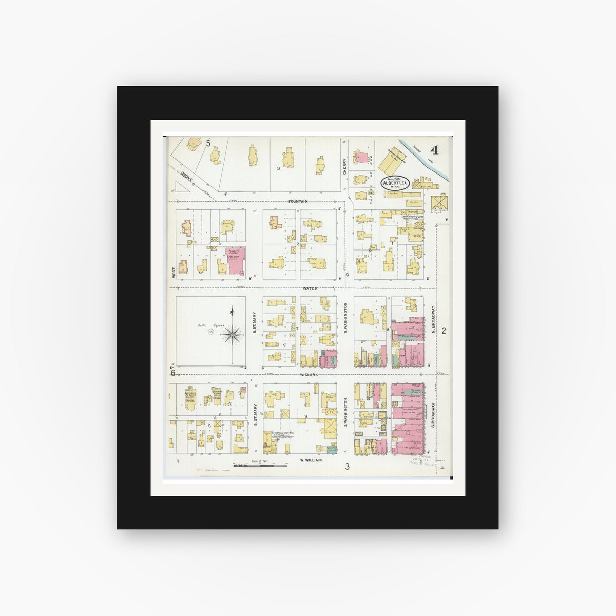 Old map wall art mockup — black gallery frame with white mat — Sanborn Fire Insurance Map from Albert Lea, Freeborn County, Minnesota (1905), Sheet #0004