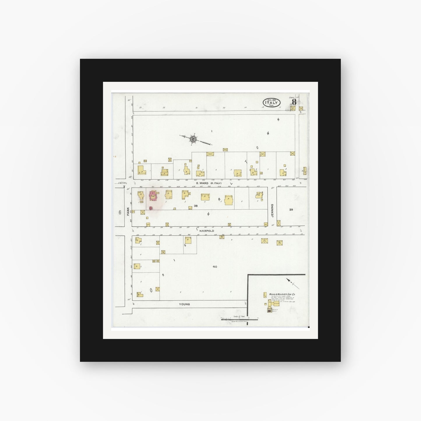 Old map wall art mockup — black gallery frame with white mat — Sanborn Fire Insurance Map from Italy, Ellis County, Texas (1921), Sheet #0008