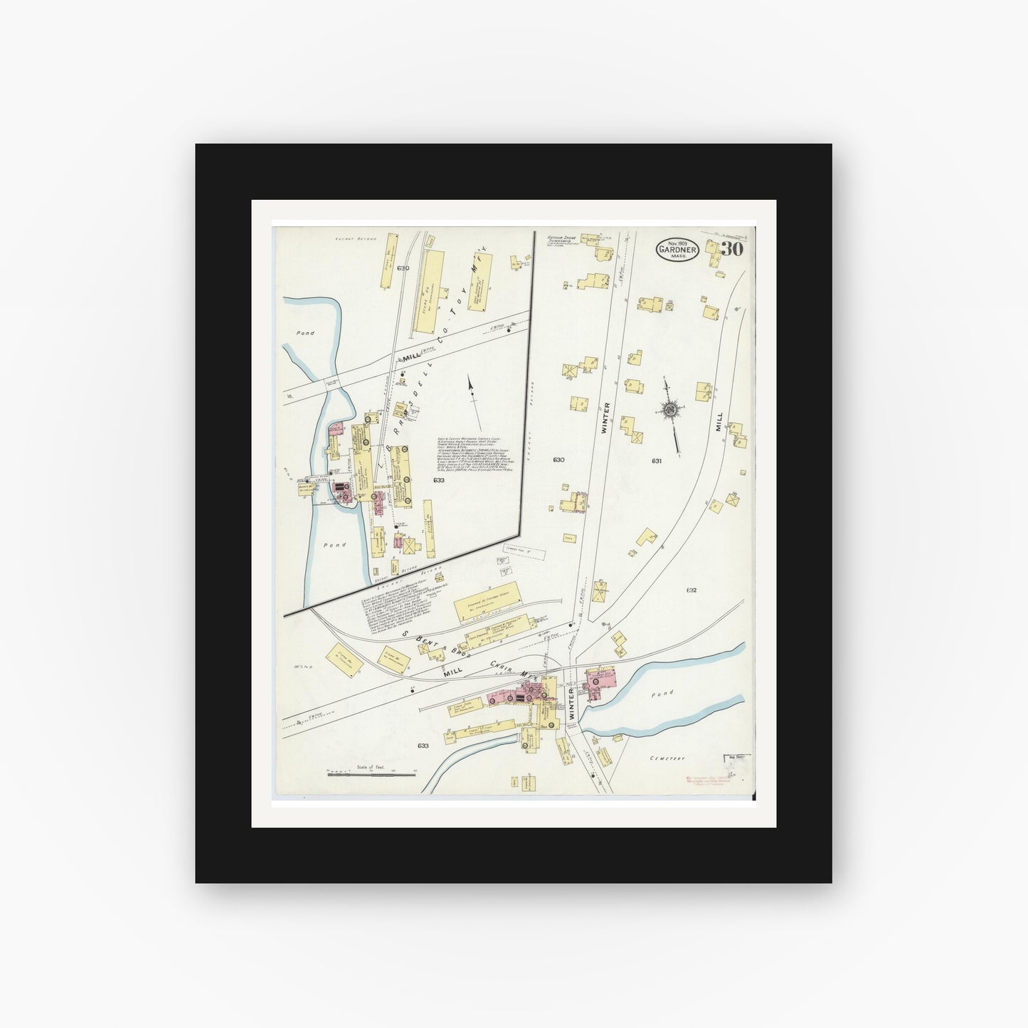 Old map wall art mockup — black gallery frame with white mat — Sanborn Fire Insurance Map from Gardner, Worcester County, Massachusetts (1909), Sheet #0030
