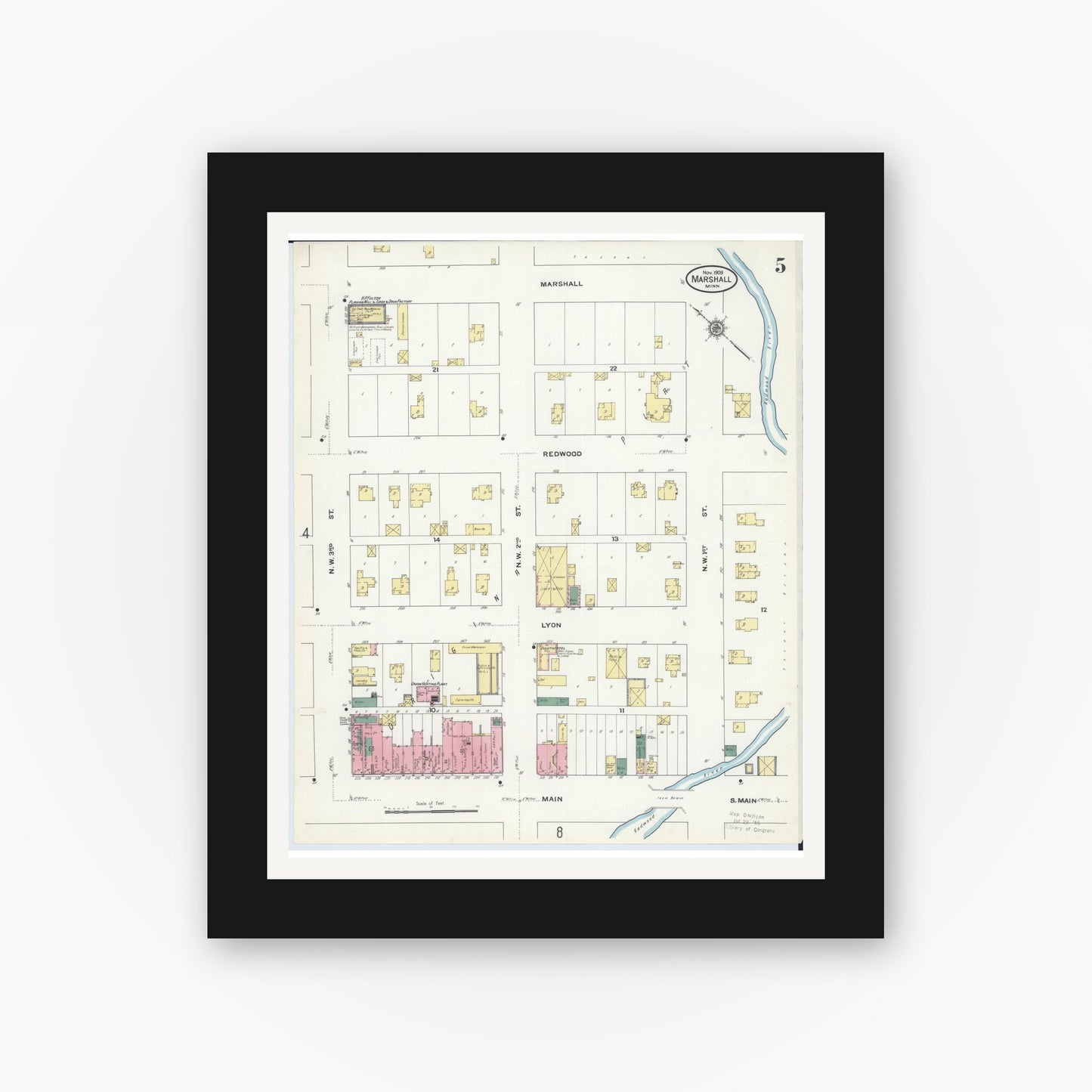 Old map wall art mockup — black gallery frame with white mat — Sanborn Fire Insurance Map from Marshall, Lyon County, Minnesota (1909), Sheet #0005