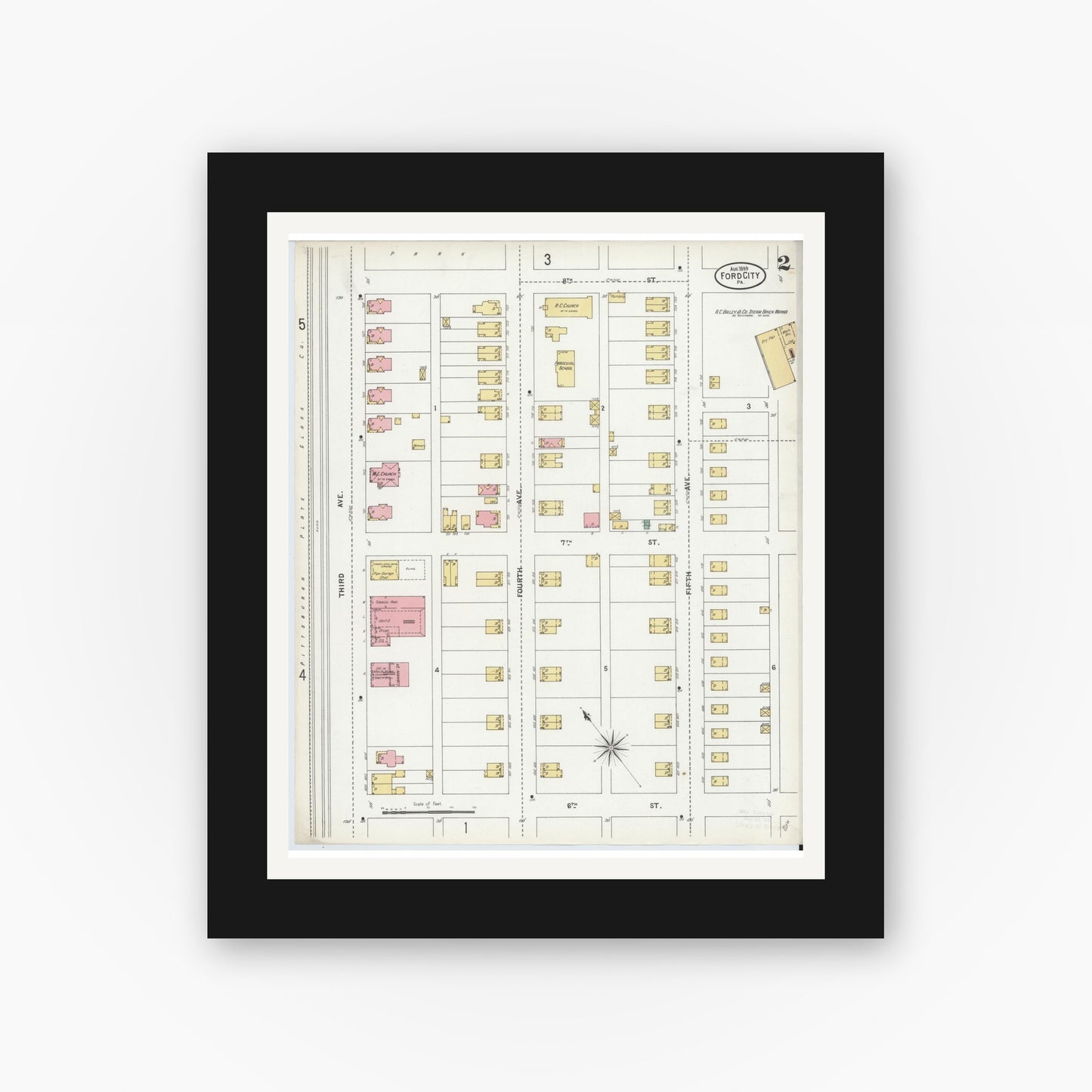 Old map wall art mockup — black gallery frame with white mat — Sanborn Fire Insurance Map from Ford City, Armstrong County, Pennsylvania (1899), Sheet #0002