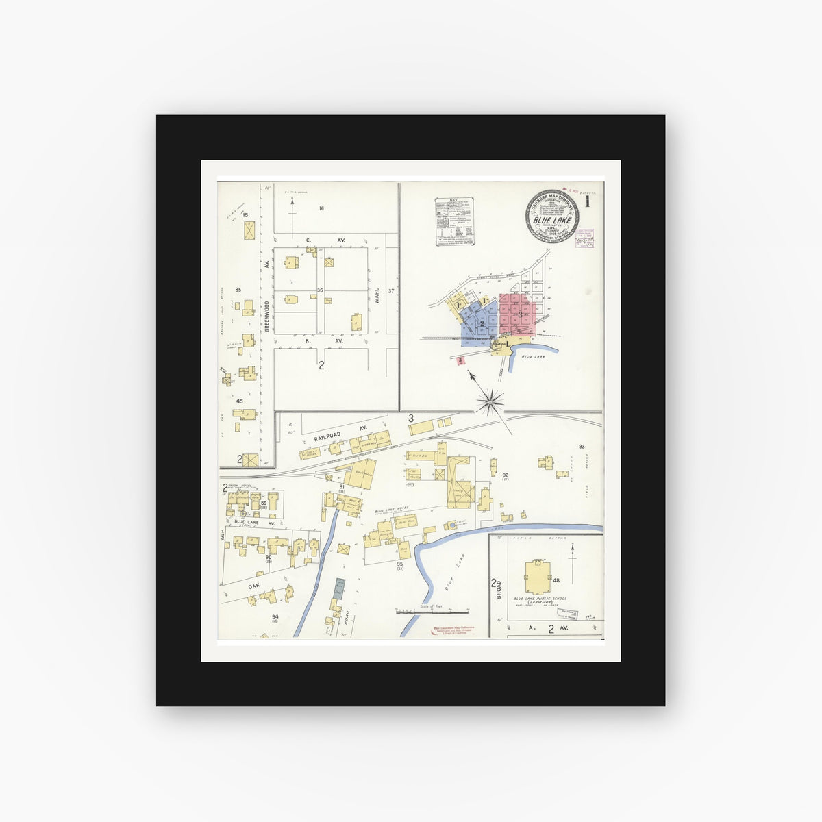 Old map wall art mockup — black gallery frame with white mat — Sanborn Fire Insurance Map from Blue Lake, Humboldt County, California (1908), Sheet #0001