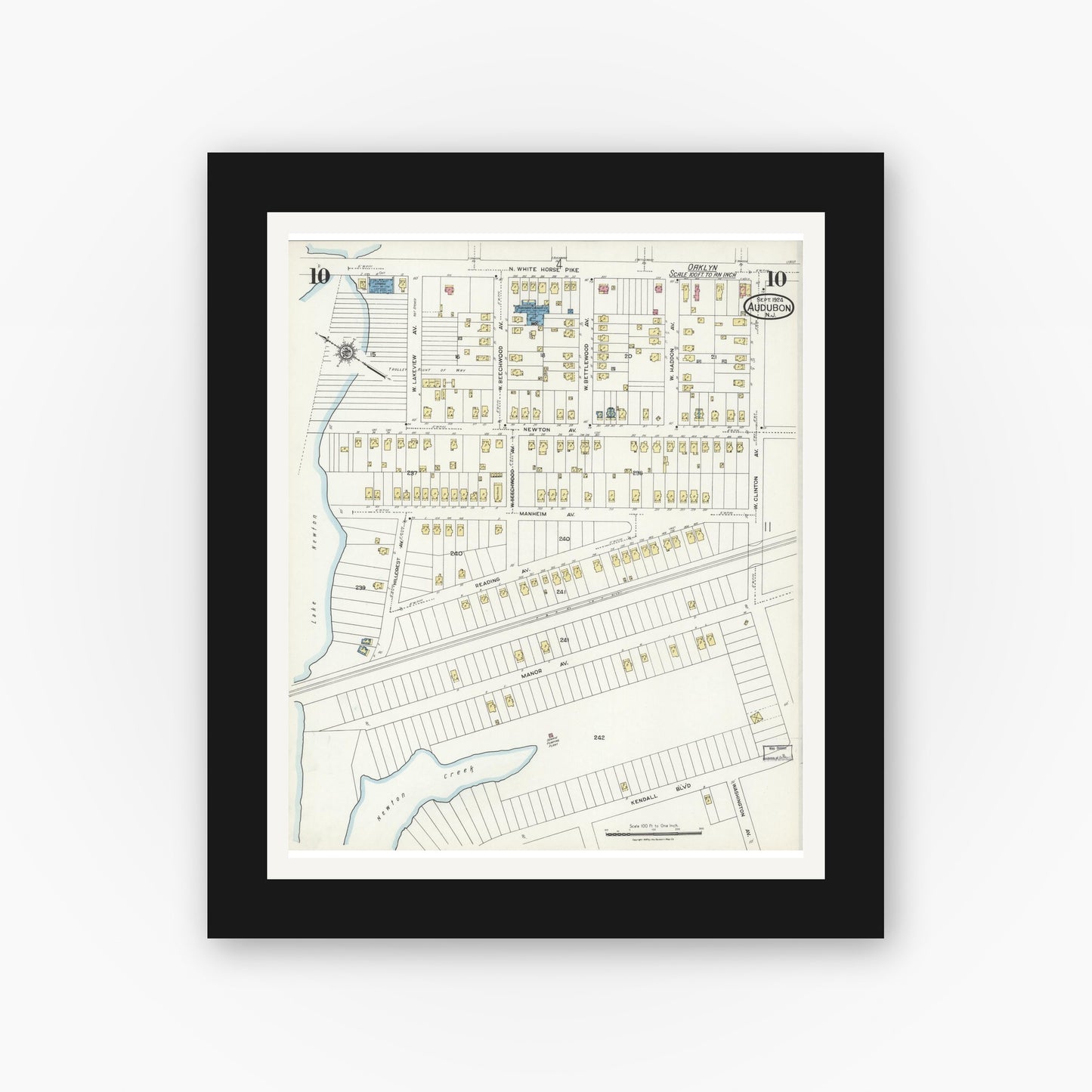 Old map wall art mockup — black gallery frame with white mat — Sanborn Fire Insurance Map from Audubon, Camden County, New Jersey (1924), Sheet #0010