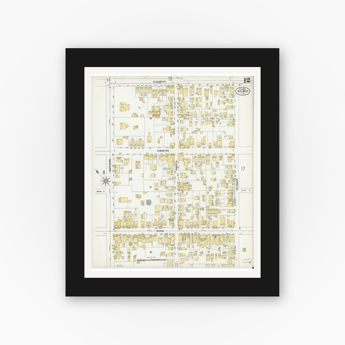 Old map wall art mockup — black gallery frame with white mat — Sanborn Fire Insurance Map from Key West, Monroe County, Florida (1899), Sheet #0012