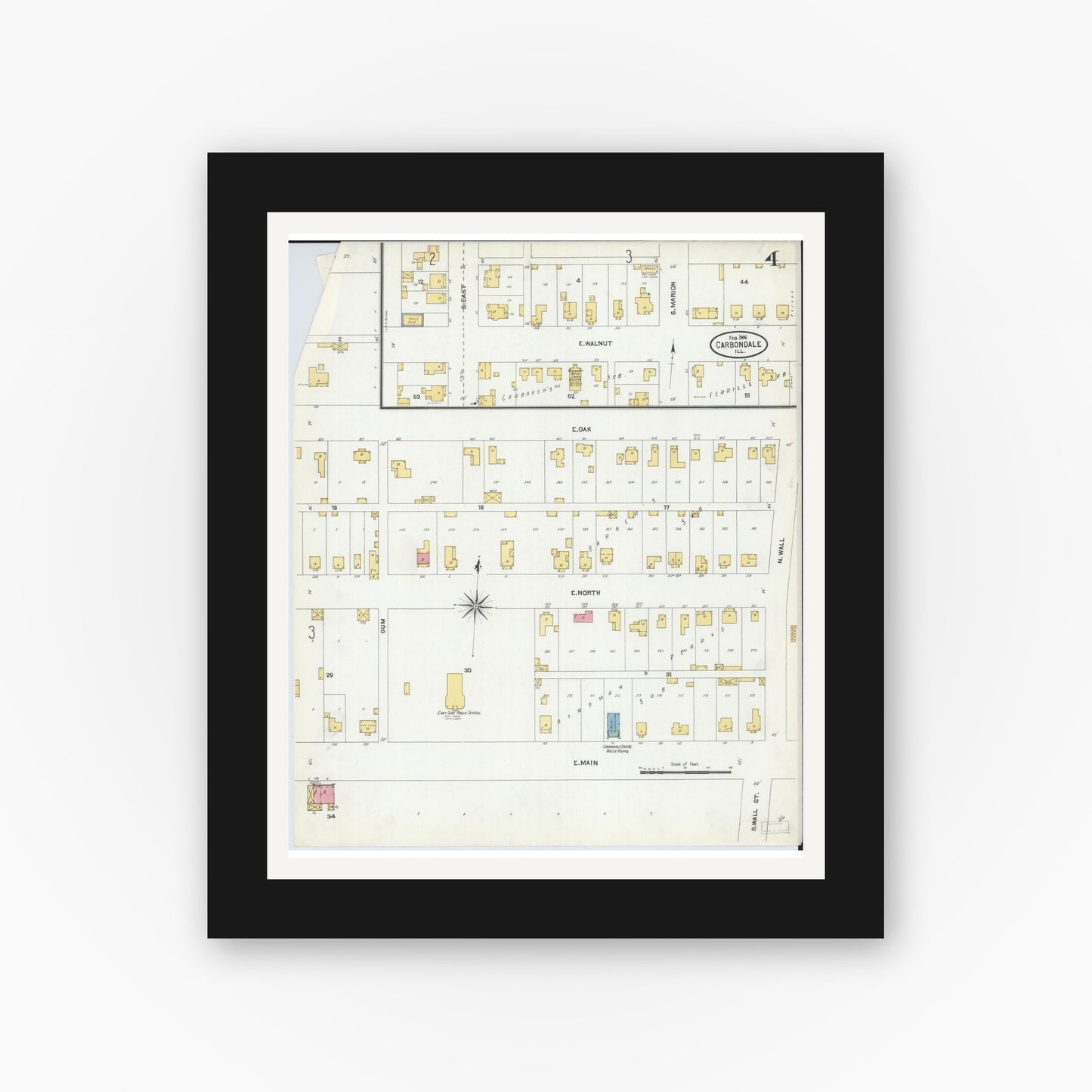 Old map wall art mockup — black gallery frame with white mat — Sanborn Fire Insurance Map from Carbondale, Jackson County, Illinois (1906), Sheet #0004