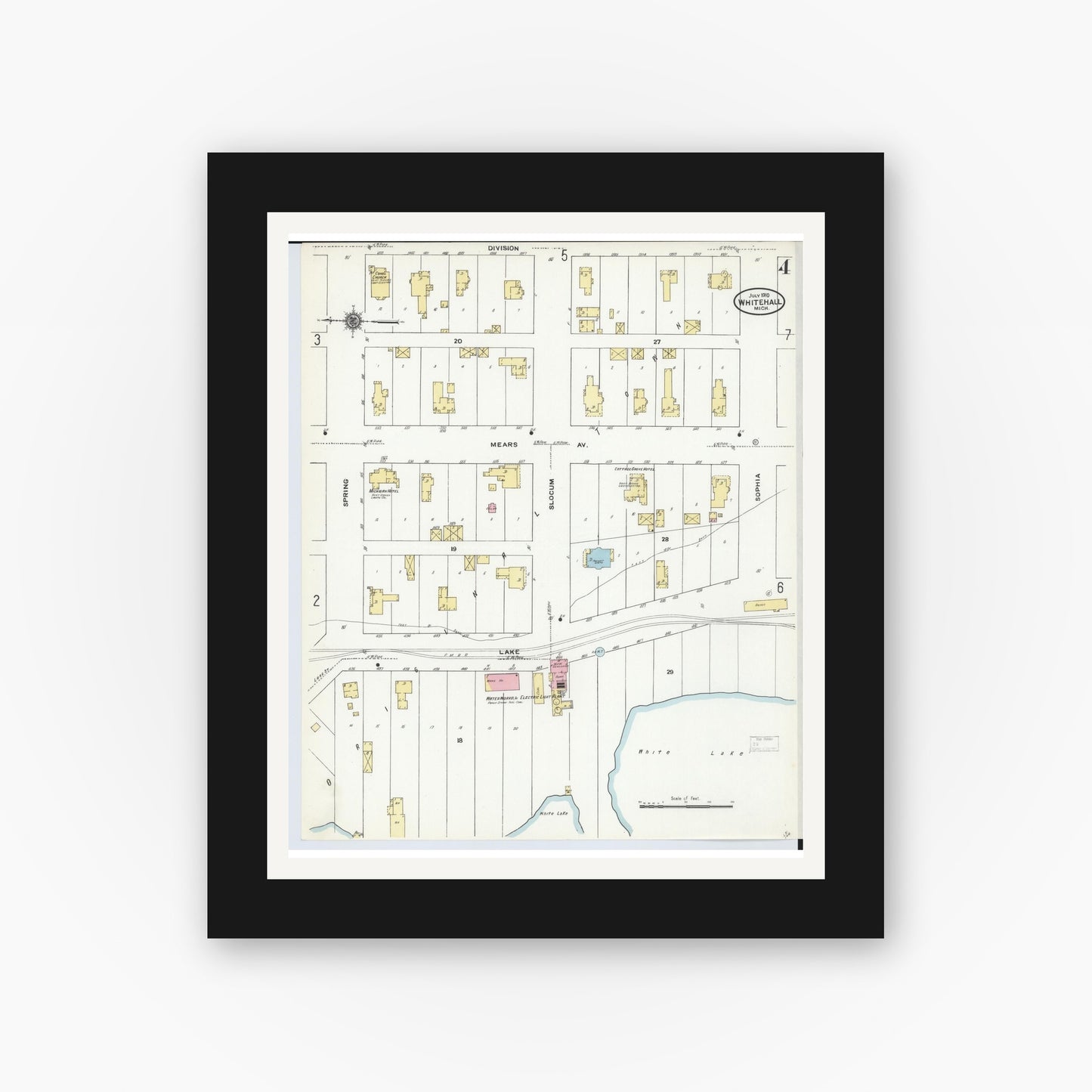 Old map wall art mockup — black gallery frame with white mat — Sanborn Fire Insurance Map from Whitehall, Muskegon County, Michigan (1910), Sheet #0004