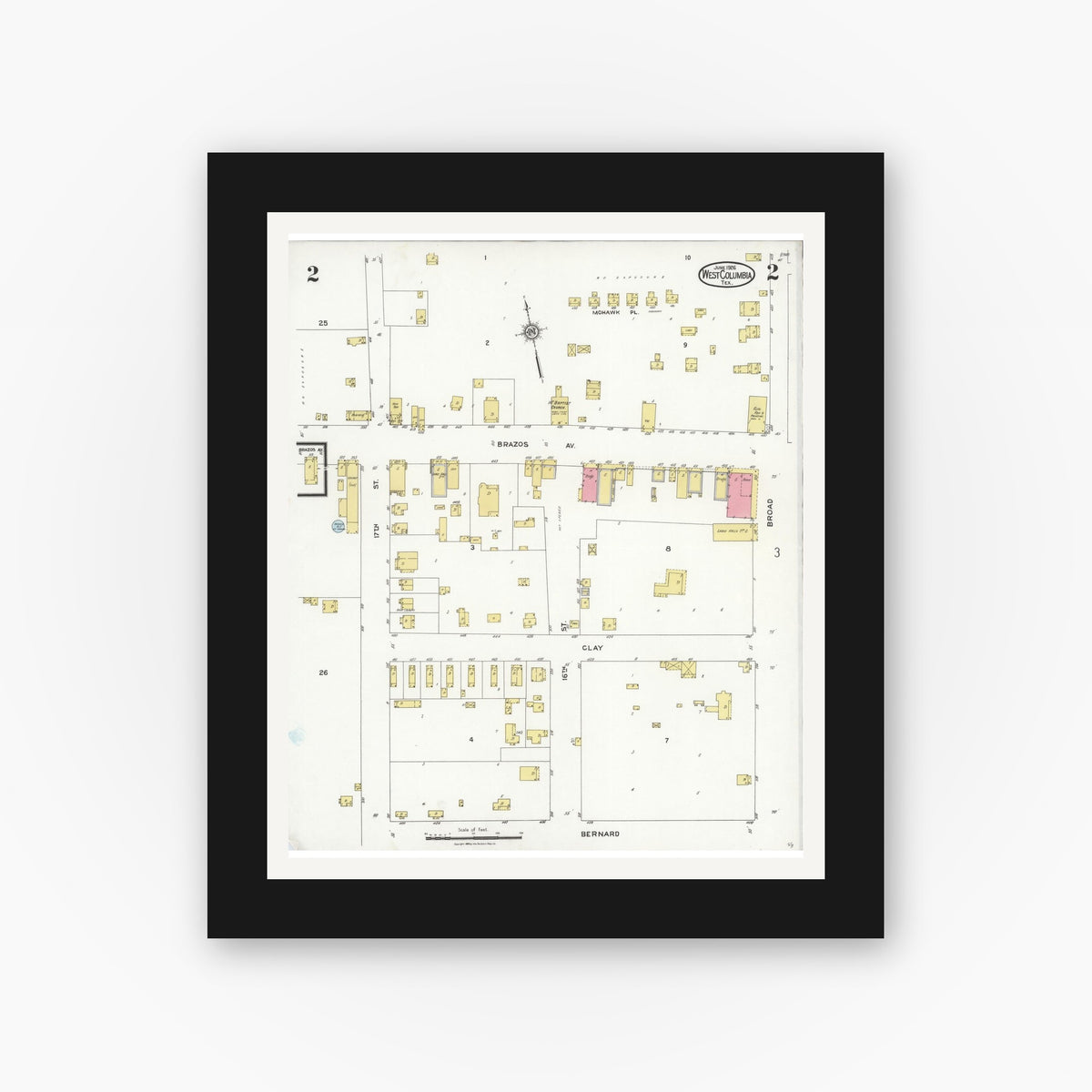 Old map wall art mockup — black gallery frame with white mat — Sanborn Fire Insurance Map from West Columbia, Brazoria County, Texas (1926), Sheet #0002
