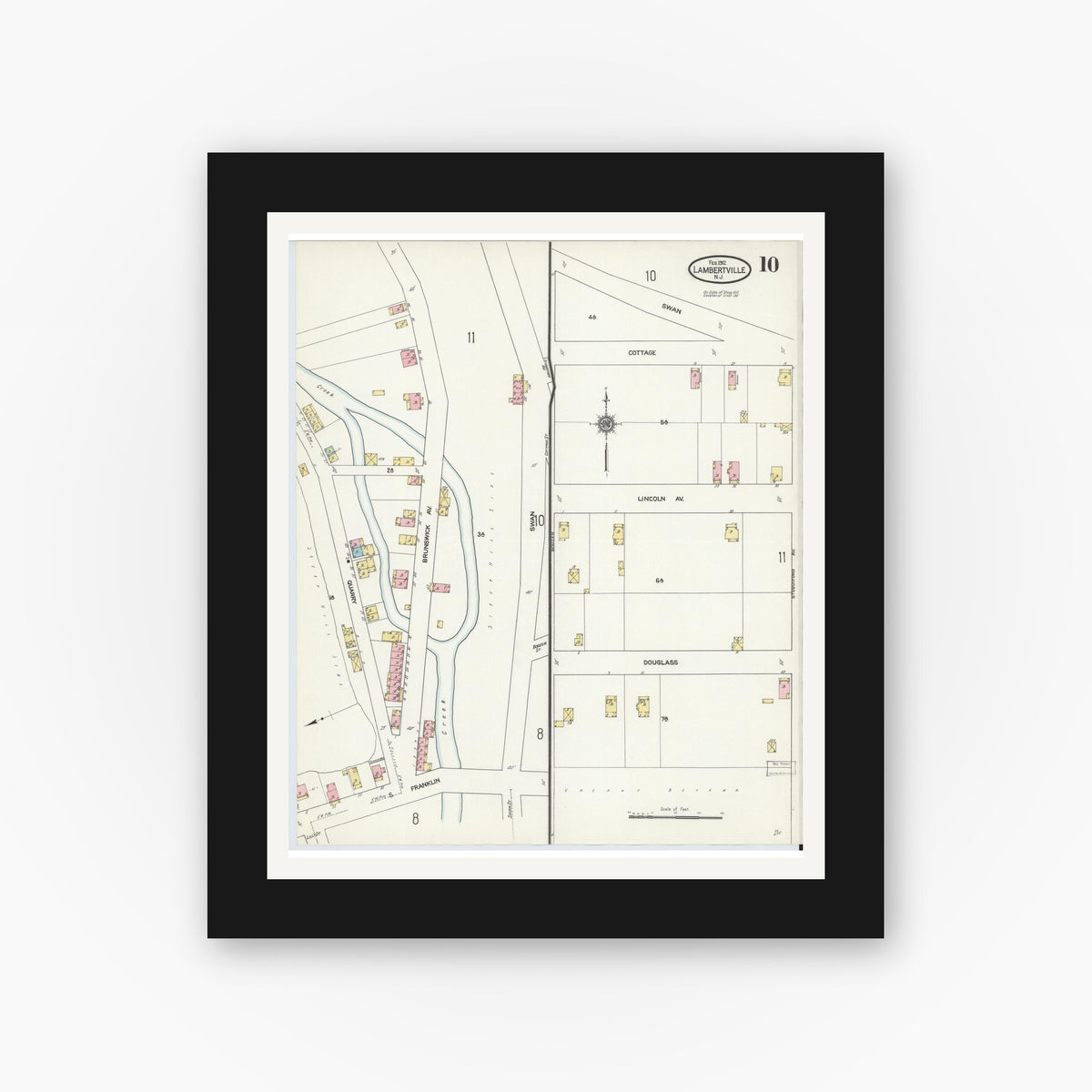 Old map wall art mockup — black gallery frame with white mat — Sanborn Fire Insurance Map from Lambertville, Hunterdon County, New Jersey (1912), Sheet #0010