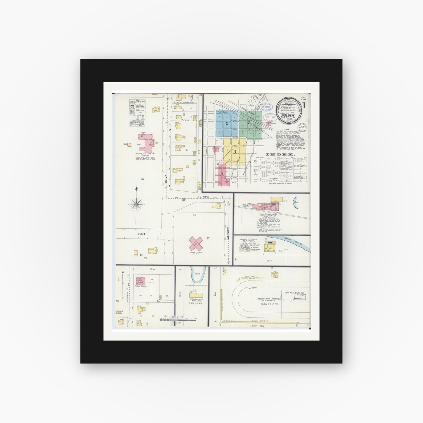 Old map wall art mockup — black gallery frame with white mat — Sanborn Fire Insurance Map from Holden, Johnson County, Missouri (1898), Sheet #0001
