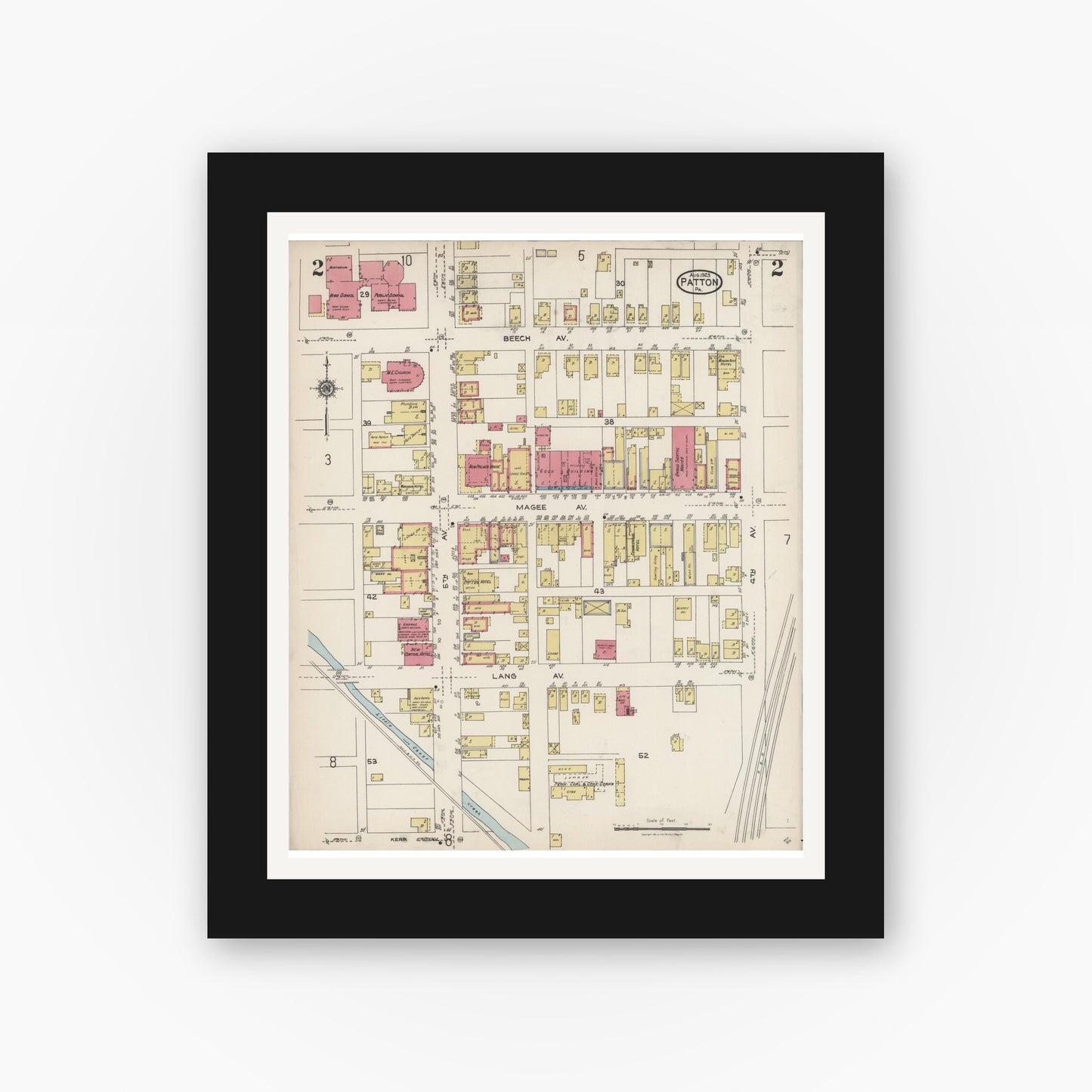 Old map wall art mockup — black gallery frame with white mat — Sanborn Fire Insurance Map from Patton, Cambria County, Pennsylvania (1923), Sheet #0002
