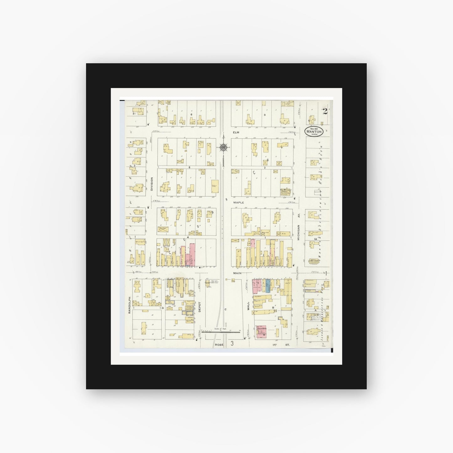 Old map wall art mockup — black gallery frame with white mat — Sanborn Fire Insurance Map from Manton, Wexford County, Michigan (1910), Sheet #0002