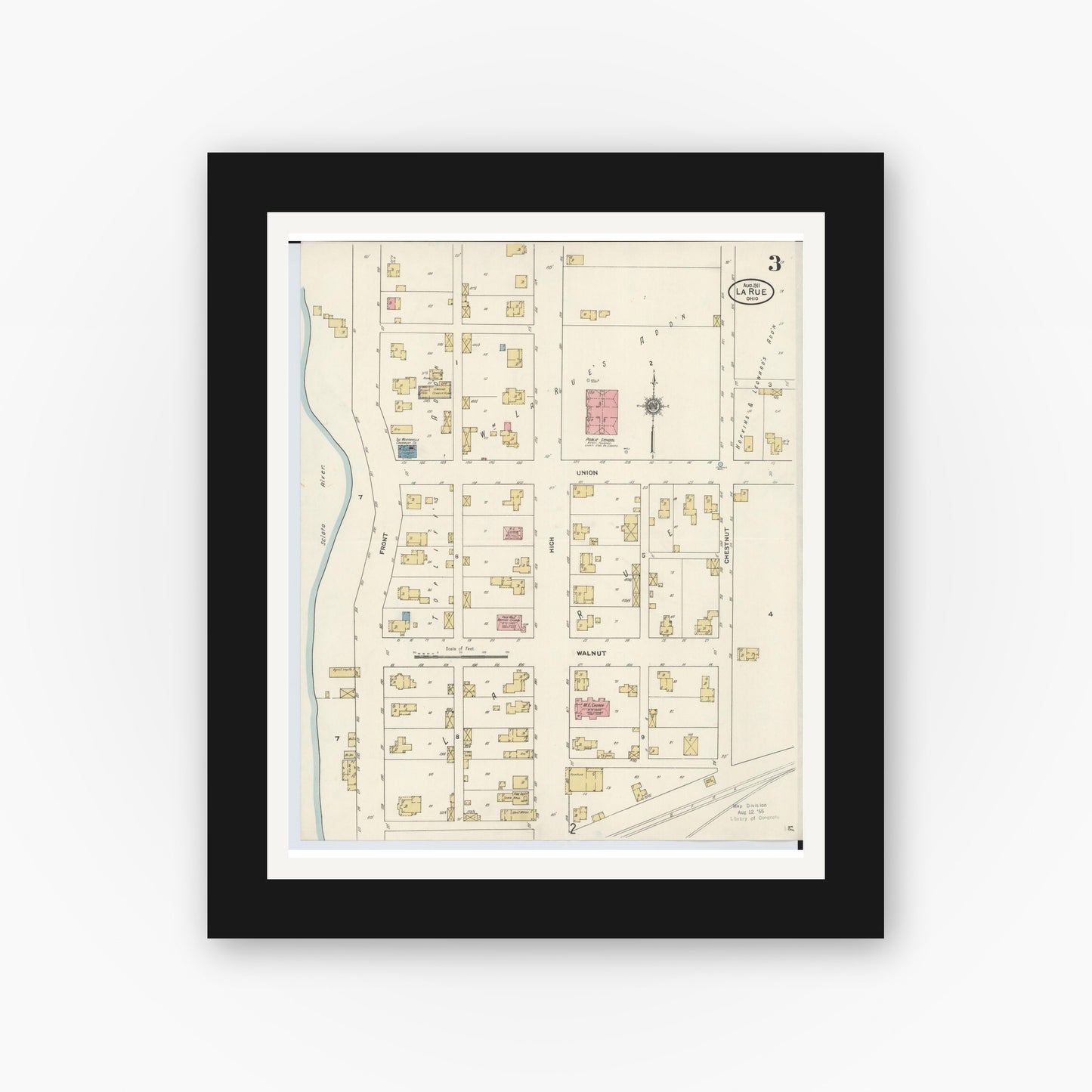Old map wall art mockup — black gallery frame with white mat — Sanborn Fire Insurance Map from La Rue, Marion County, Ohio (1911), Sheet #0003