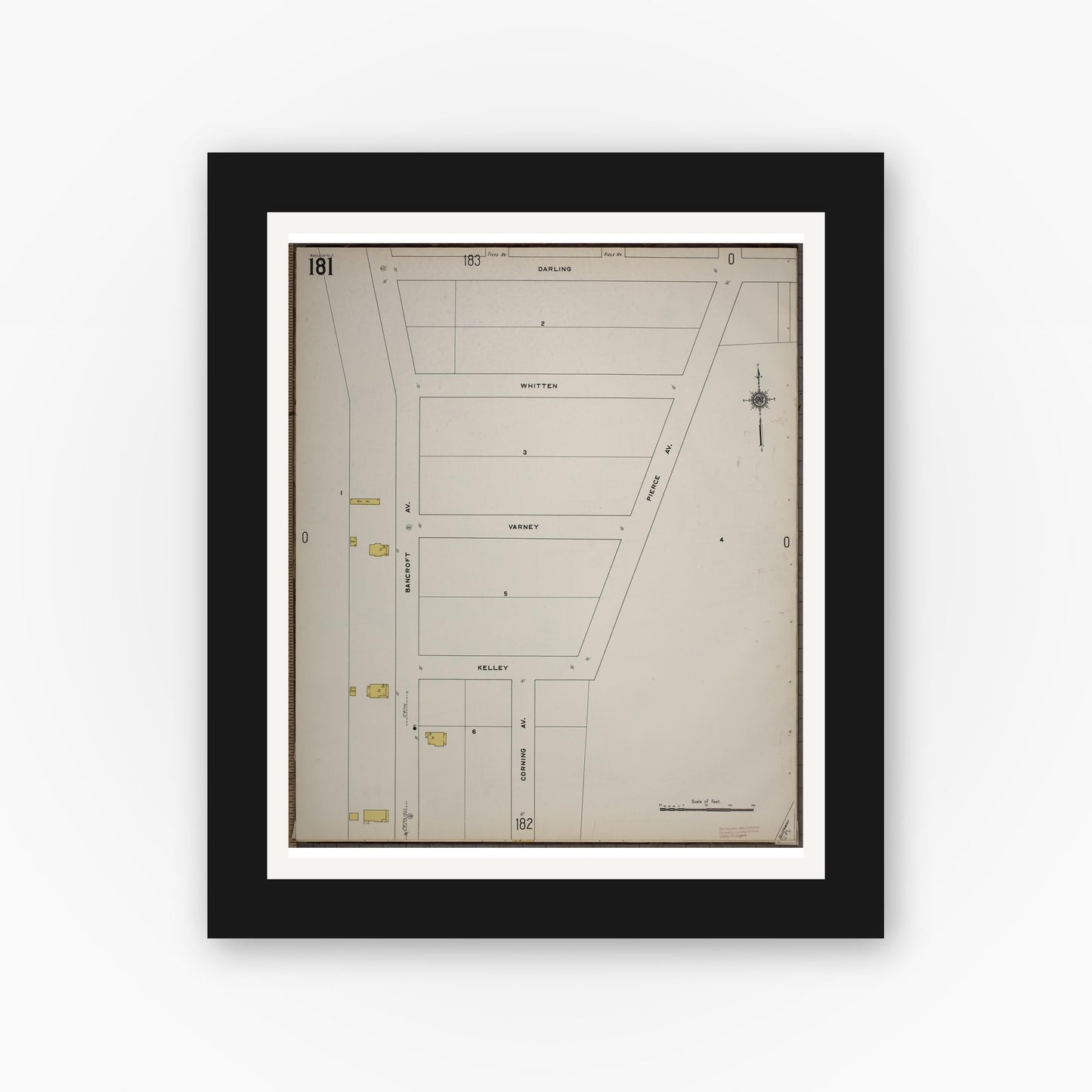 Old map wall art mockup — black gallery frame with white mat — Sanborn Fire Insurance Map from Worcester, Worcester County, Massachusetts (1910), Sheet #0181