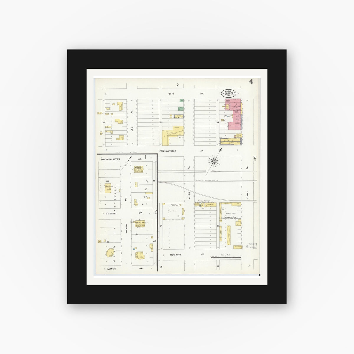 Old map wall art mockup — black gallery frame with white mat — Sanborn Fire Insurance Map from Hereford, Deaf Smith County, Texas (1908), Sheet #0004