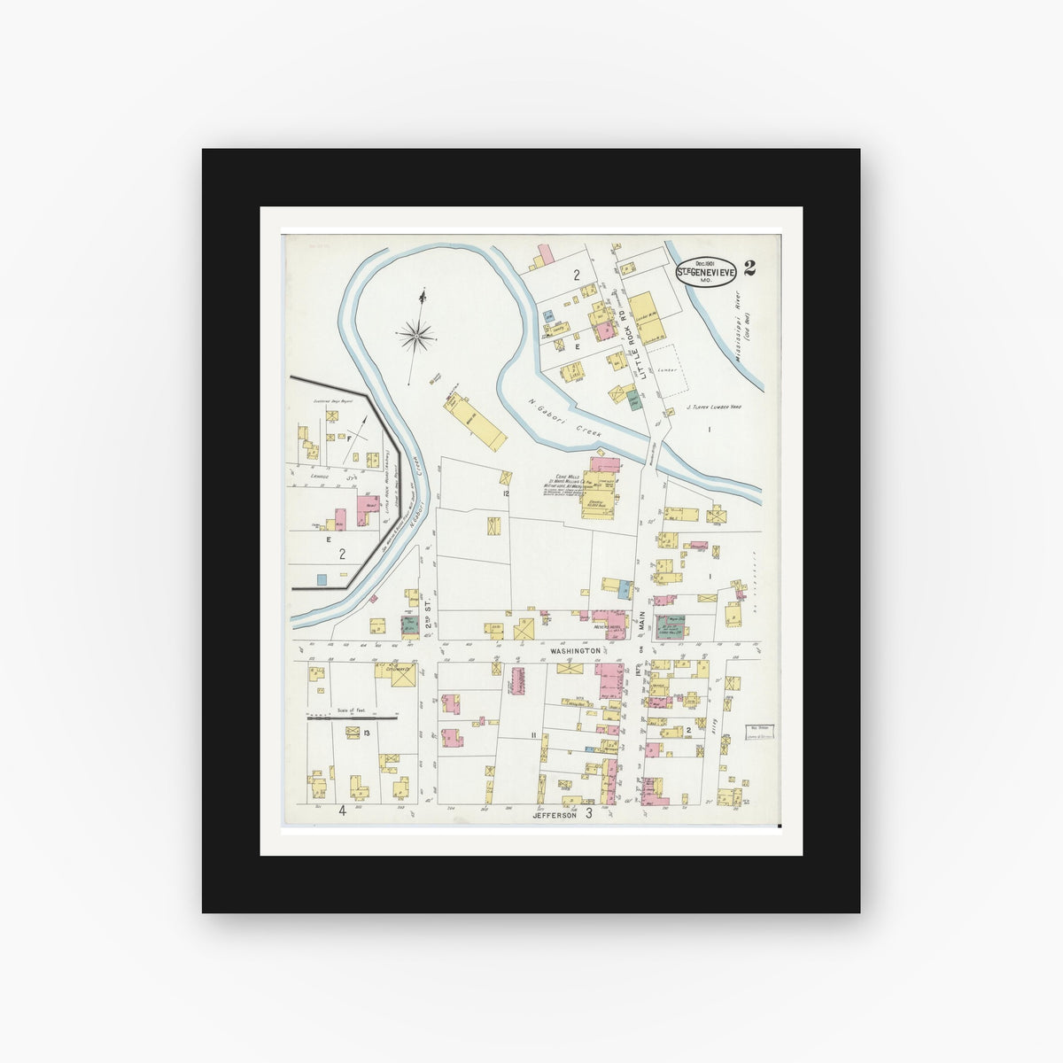 Old map wall art mockup — black gallery frame with white mat — Sanborn Fire Insurance Map from Sainte Genevieve, Saint Genevieve County, Missouri (1901), Sheet #0002