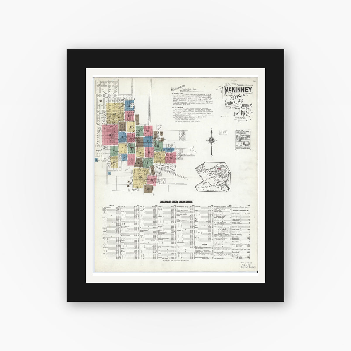 Old map wall art mockup — black gallery frame with white mat — Sanborn Fire Insurance Map from McKinney, Collin County, Texas (1920), Sheet #0001