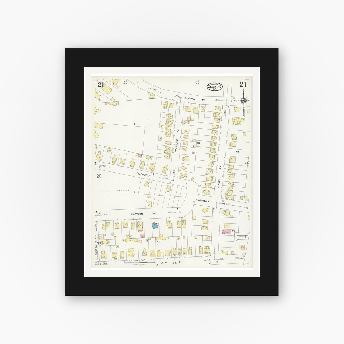 Old map wall art mockup — black gallery frame with white mat — Sanborn Fire Insurance Map from Ossining, Westchester County, New York (1924), Sheet #0021
