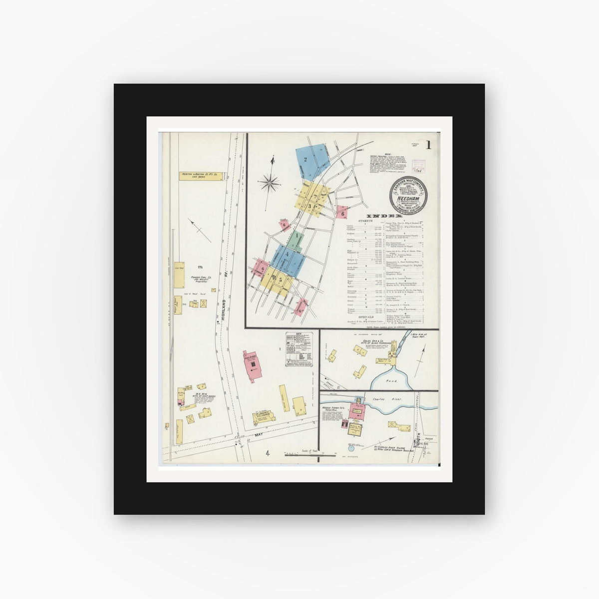 Old map wall art mockup — black gallery frame with white mat — Sanborn Fire Insurance Map from Needham, Norfolk County, Massachusetts (1906), Sheet #0001
