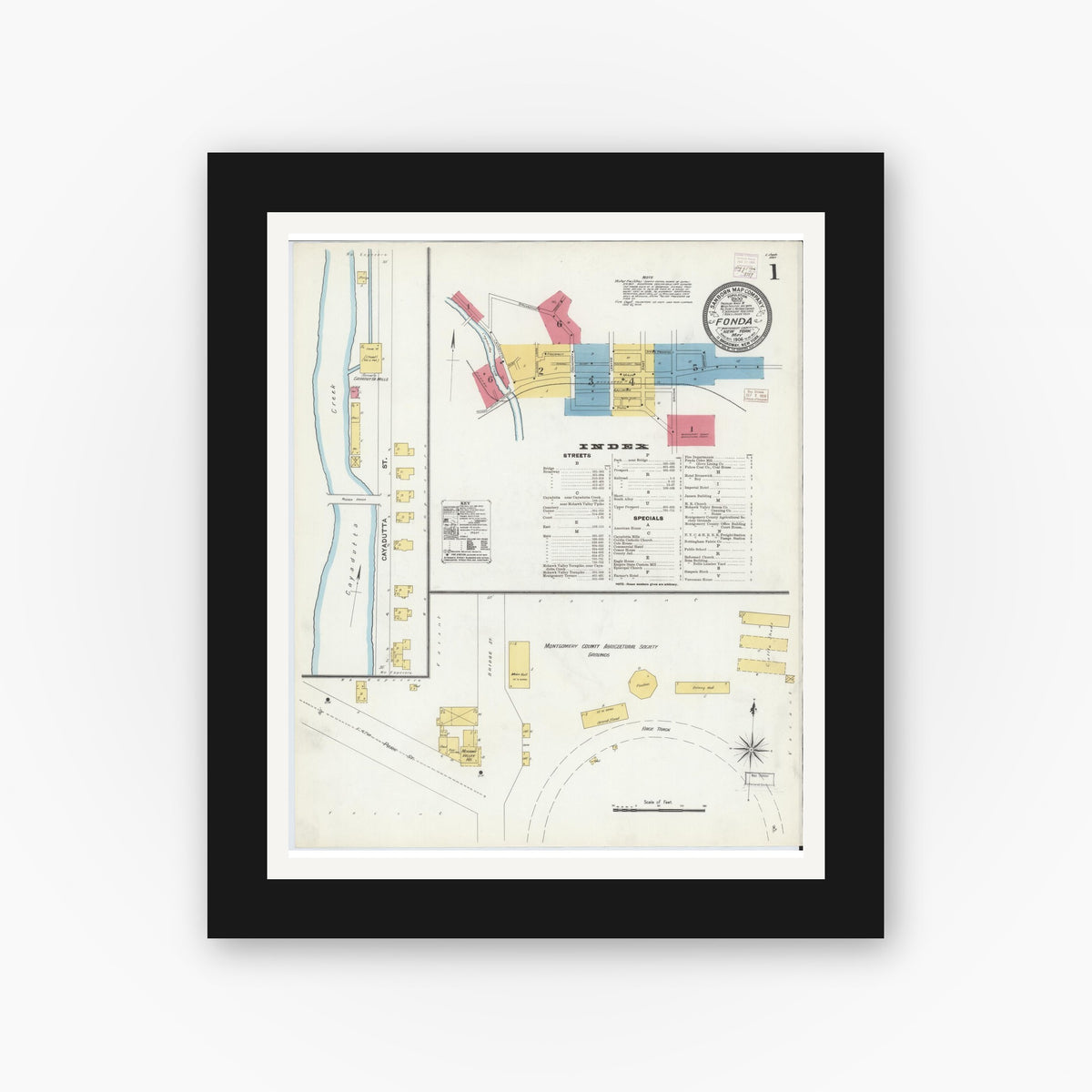 Old map wall art mockup — black gallery frame with white mat — Sanborn Fire Insurance Map from Fonda, Montgomery County, New York (1906) - Complete Map Set