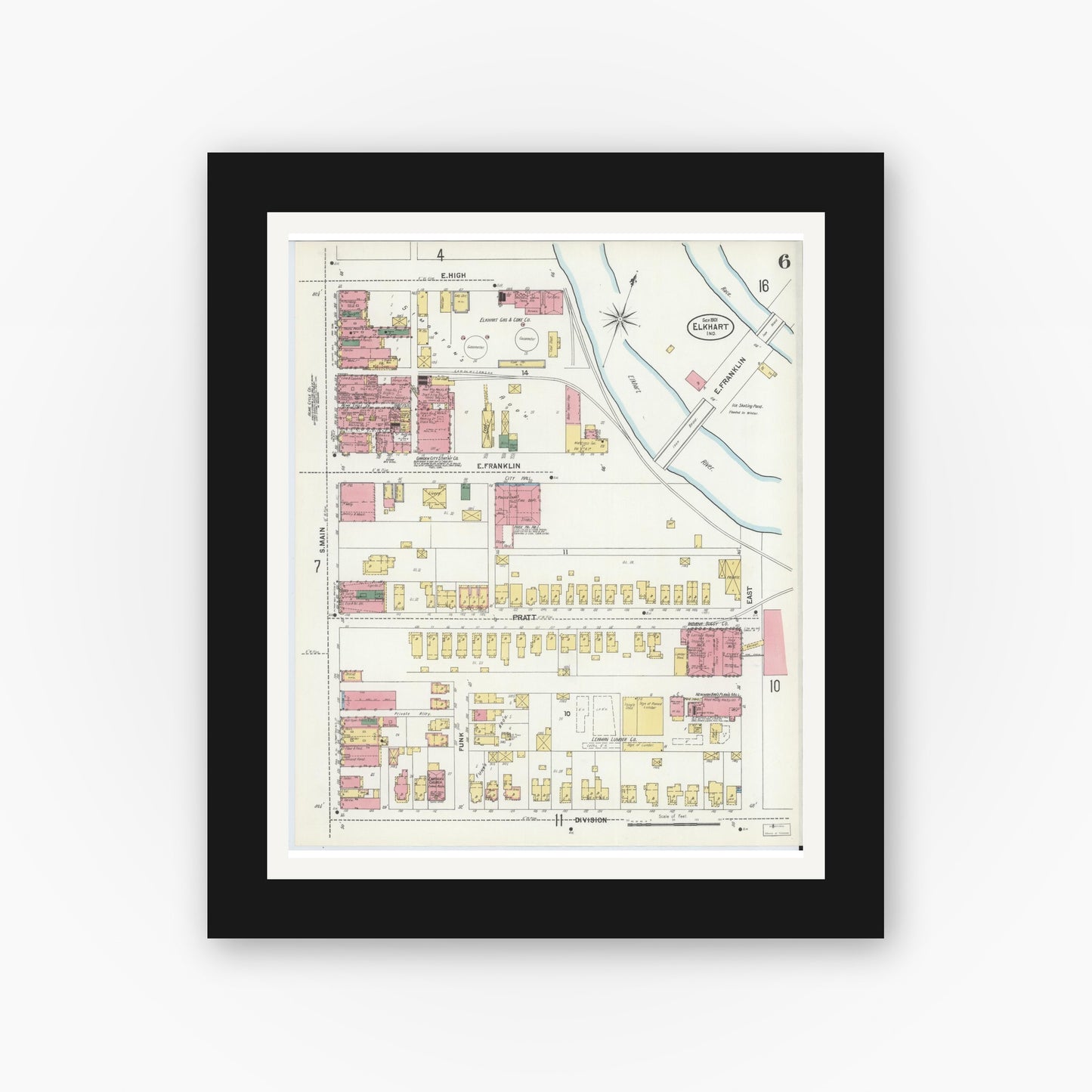 Old map wall art mockup — black gallery frame with white mat — Sanborn Fire Insurance Map from Elkhart, Elkhart County, Indiana (1901), Sheet #0006