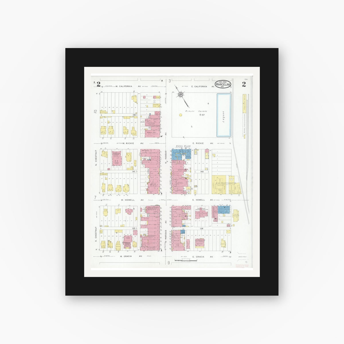 Old map wall art mockup — black gallery frame with white mat — Sanborn Fire Insurance Map from Marceline, Linn County, Missouri (1930), Sheet #0002