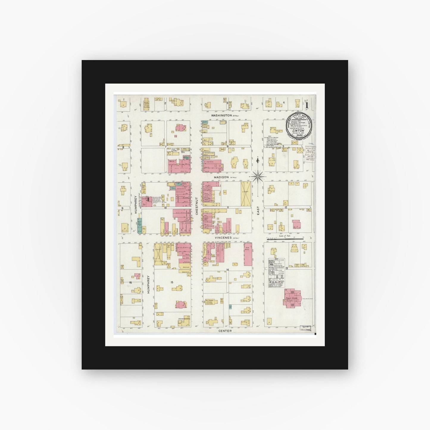 Old map wall art mockup — black gallery frame with white mat — Sanborn Fire Insurance Map from Linton, Greene County, Indiana (1900) - Complete Map Set