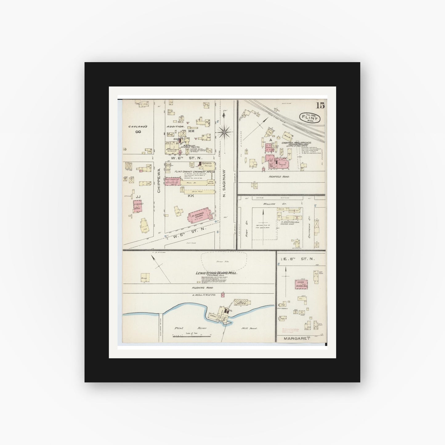 Old map wall art mockup — black gallery frame with white mat — Sanborn Fire Insurance Map from Flint, Genesee County, Michigan (1886), Sheet #0015