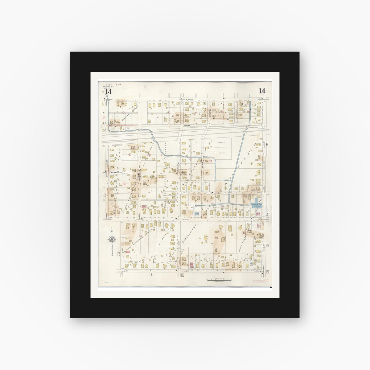 Old map wall art mockup — black gallery frame with white mat — Sanborn Fire Insurance Map from Marion, Williamson County, Illinois (1946), Sheet #0014