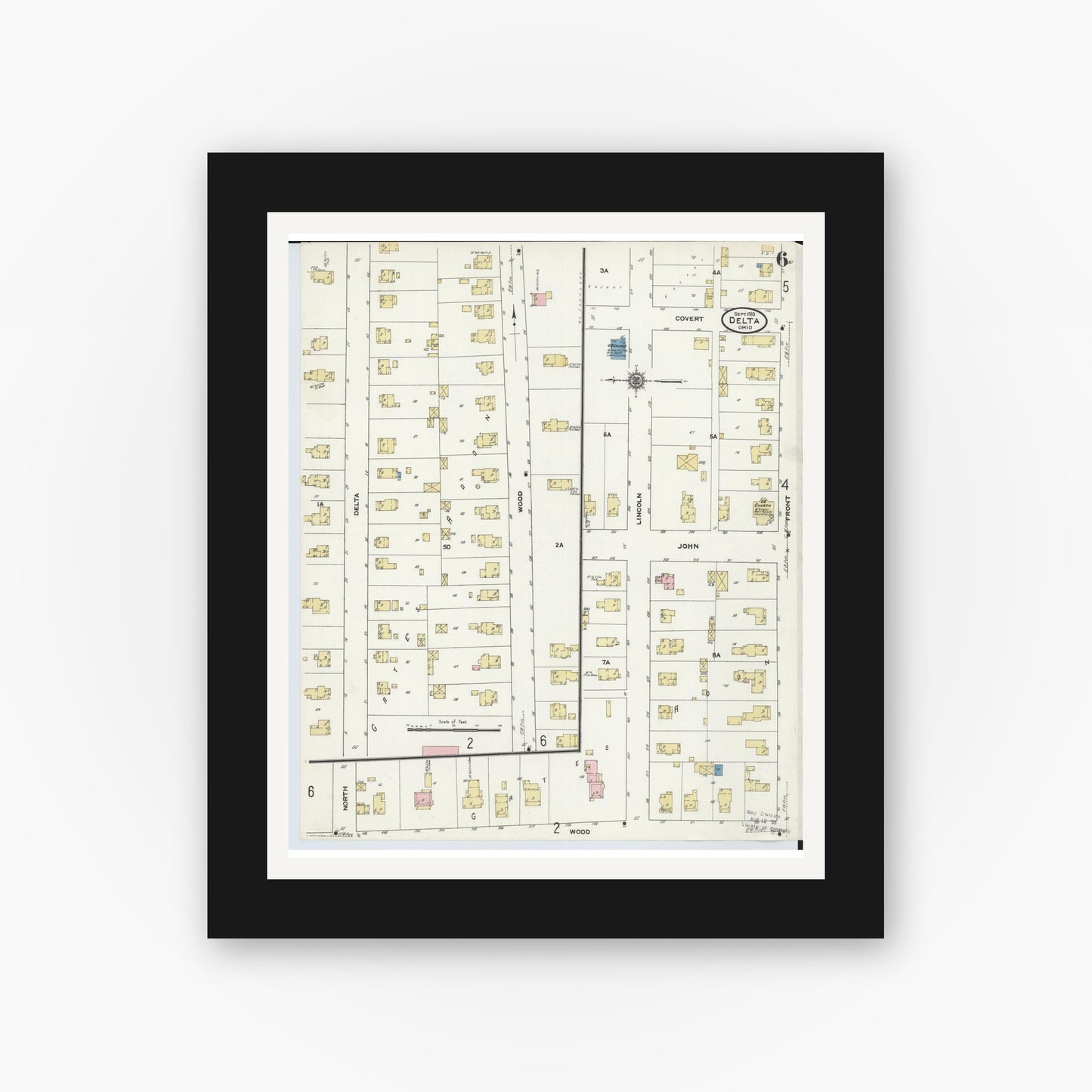Old map wall art mockup — black gallery frame with white mat — Sanborn Fire Insurance Map from Delta, Fulton County, Ohio (1905), Sheet #0010